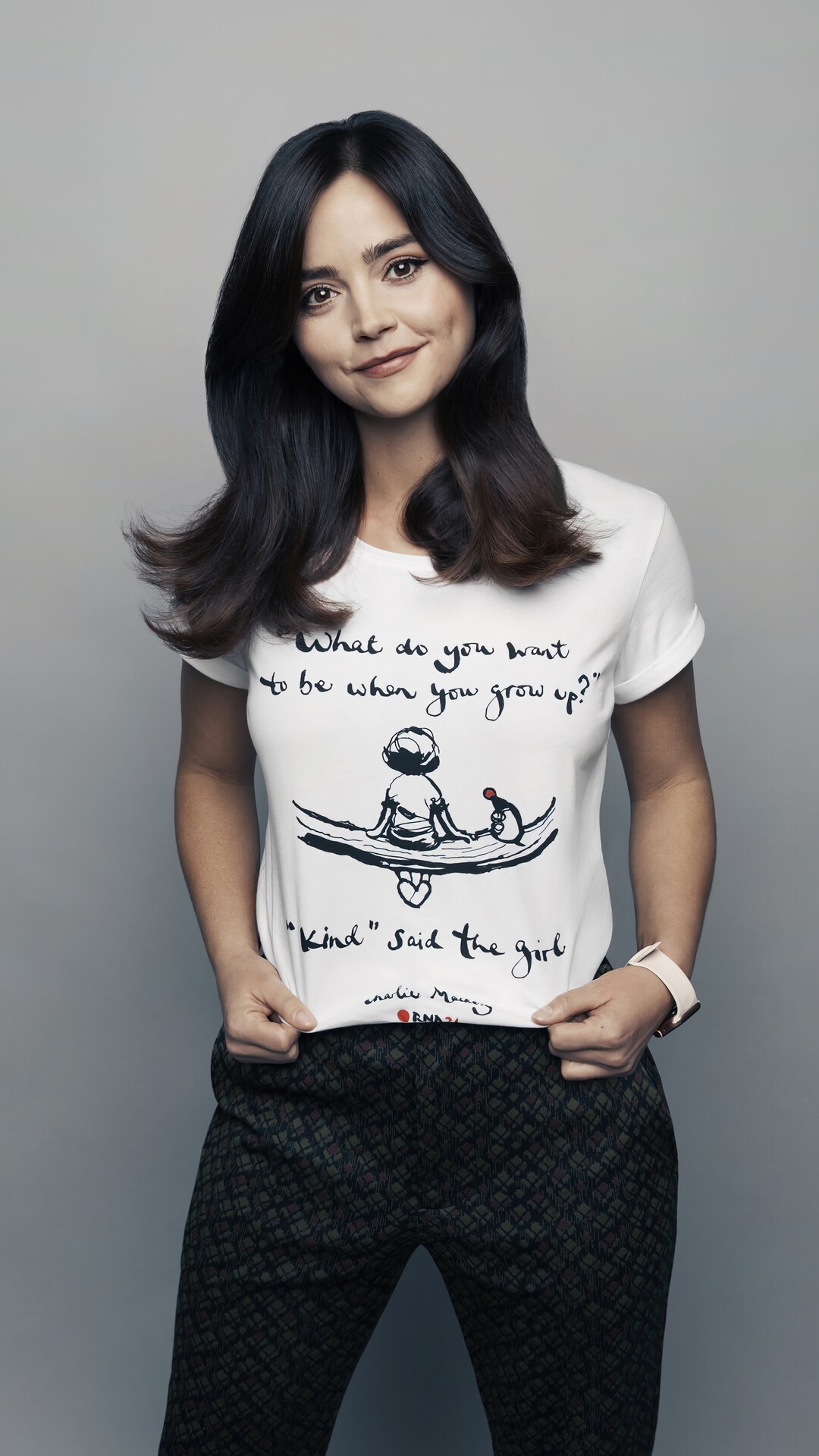 Jenna Coleman wearing a t-shirt with a drawing HD Phone Wallpaper