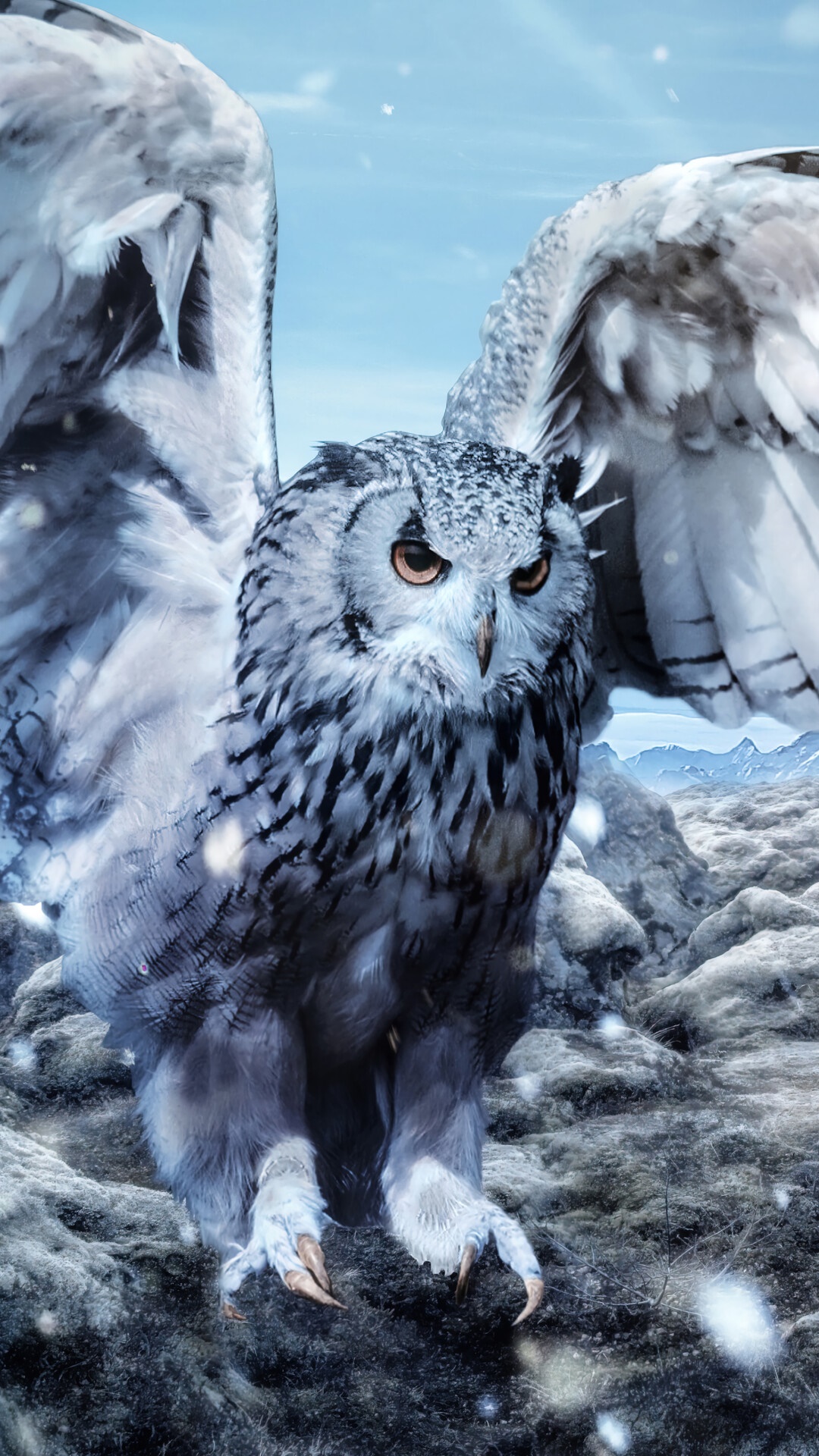 A majestic snowy owl with wings spread wide HD Phone Wallpaper