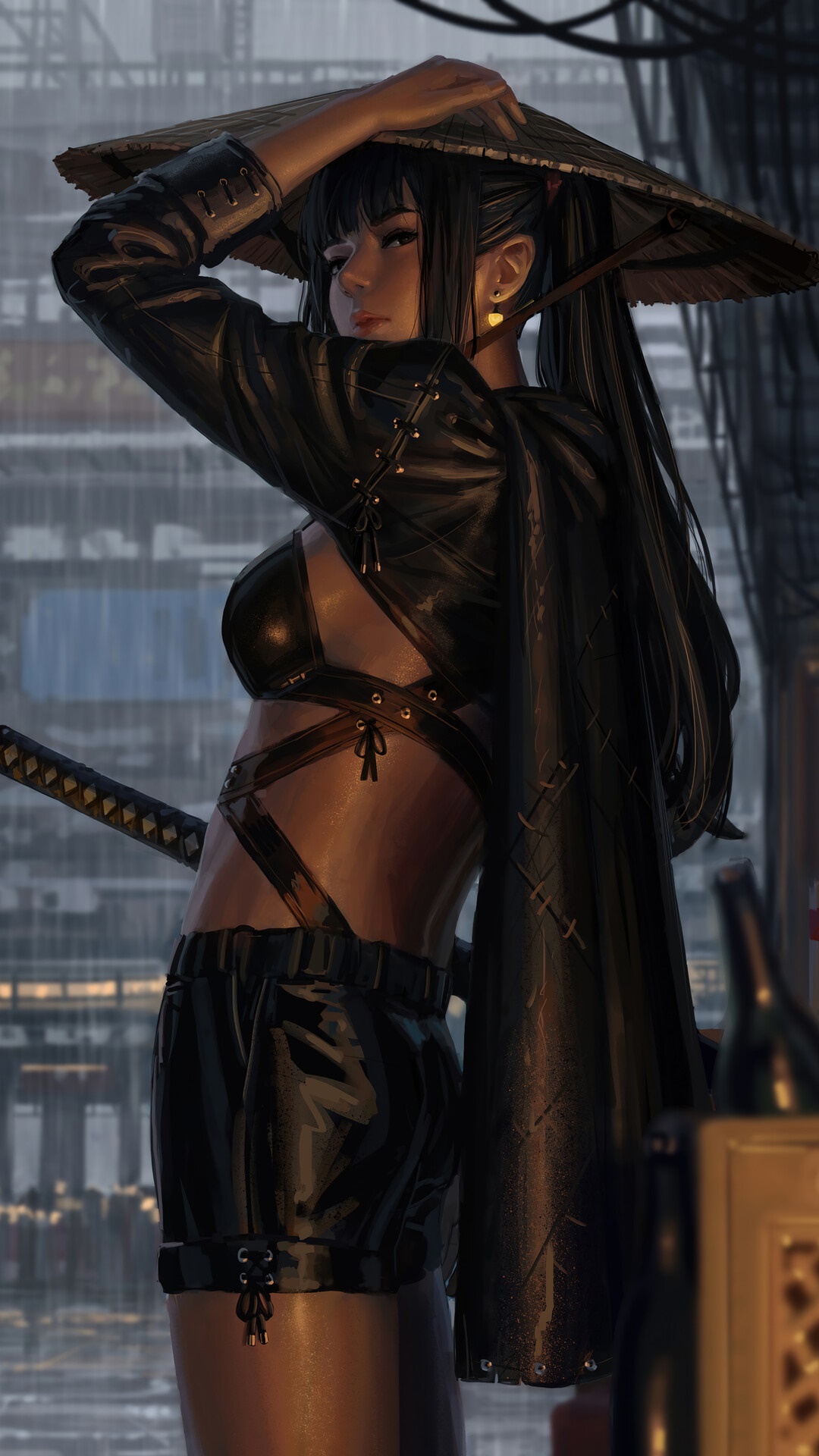 Girl warrior with katana wearing a conical hat HD Phone Wallpaper
