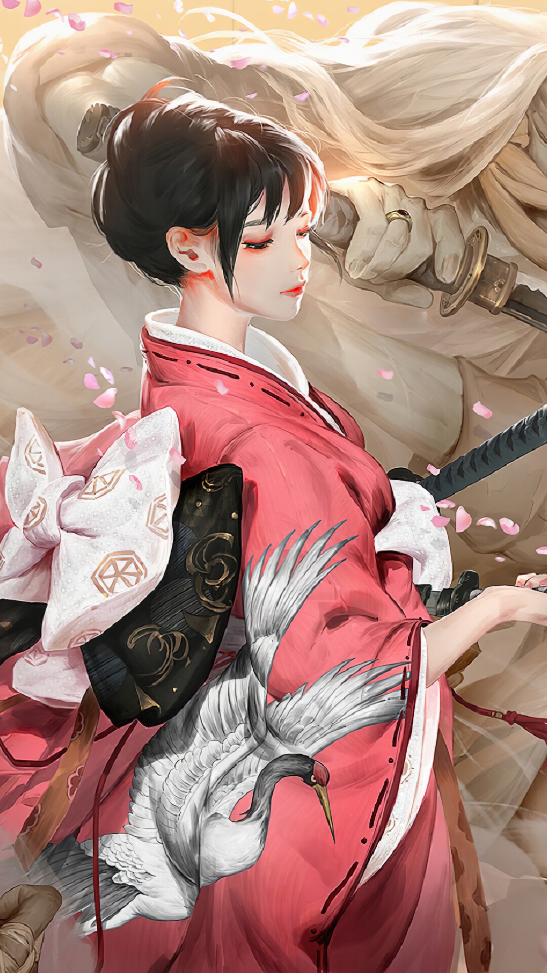 Girl in Kimono with Crane Design and Samurai HD Phone Wallpaper