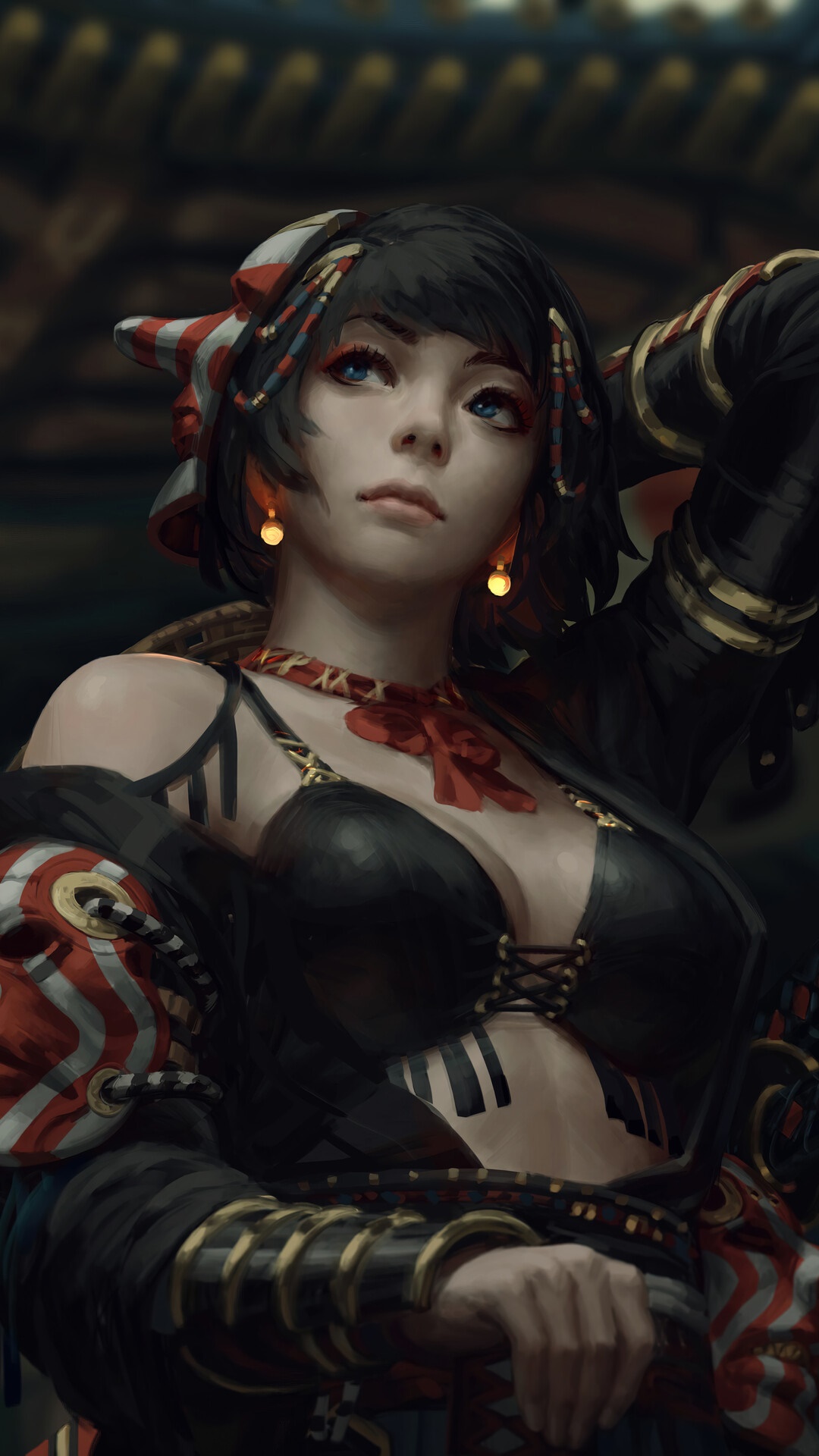 Fantasy Warrior Girl with Black Hair and Red Accents HD Phone Wallpaper