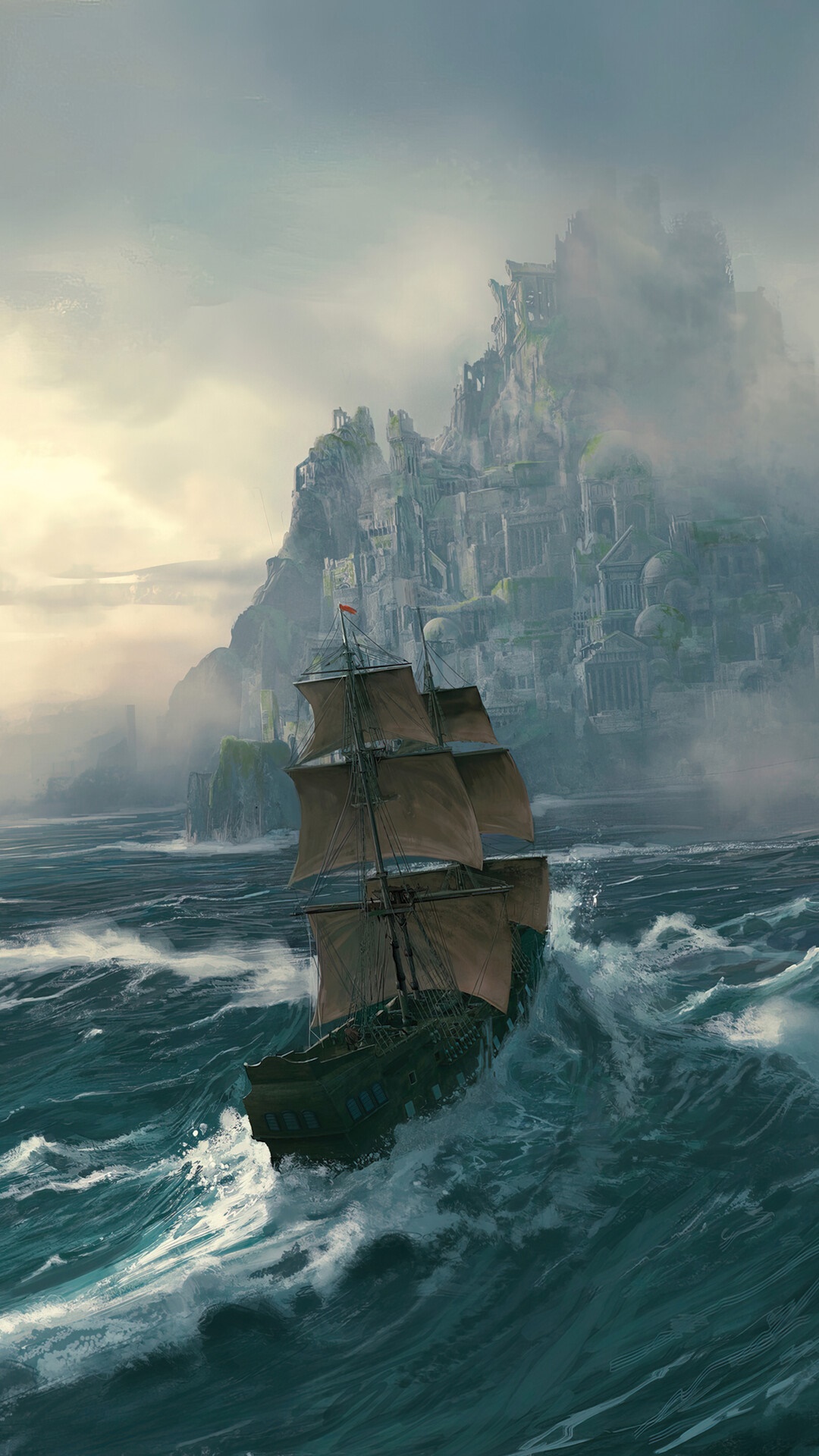 Ship sailing through rough seas towards a misty island city HD Phone Wallpaper