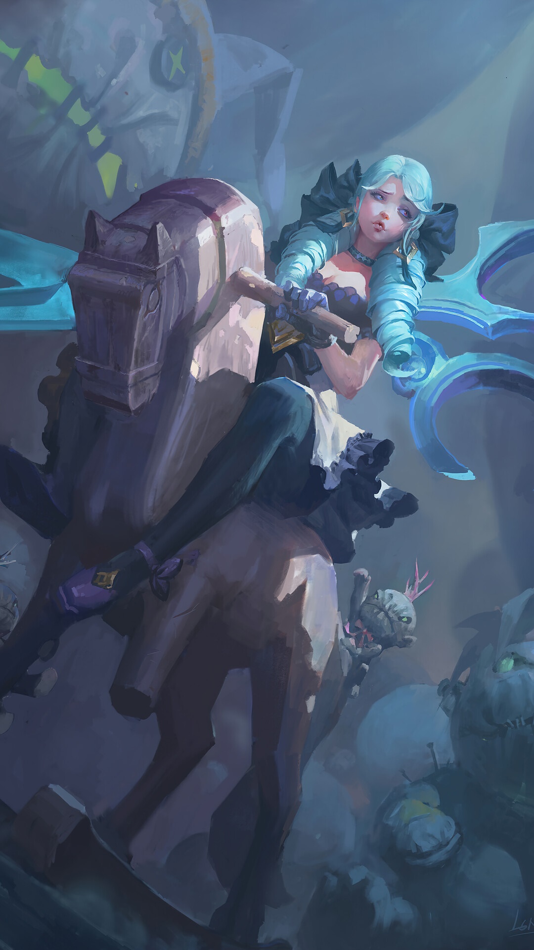 Gwen from League of Legends on a rocking horse HD Phone Wallpaper