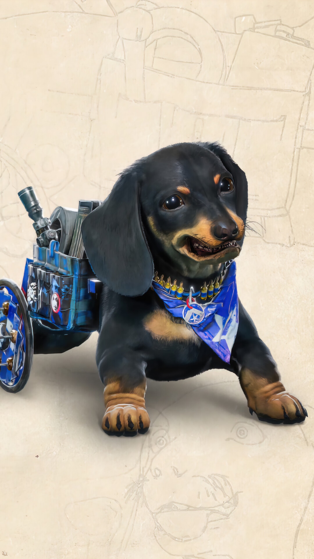 Dachshund with a cannon backpack from Far Cry 6 HD Phone Wallpaper