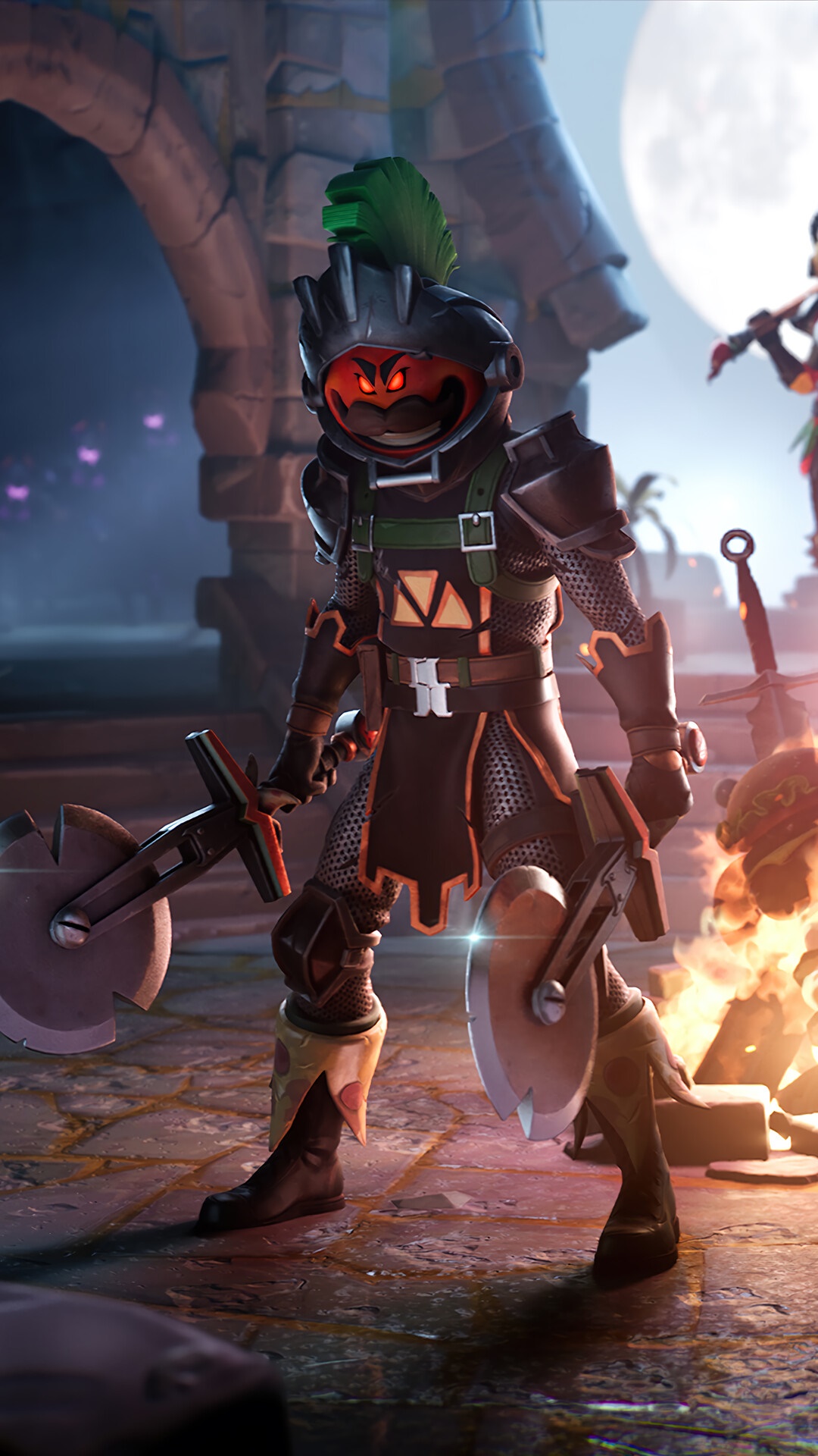 Fortnite character in knight armor with axes HD Phone Wallpaper
