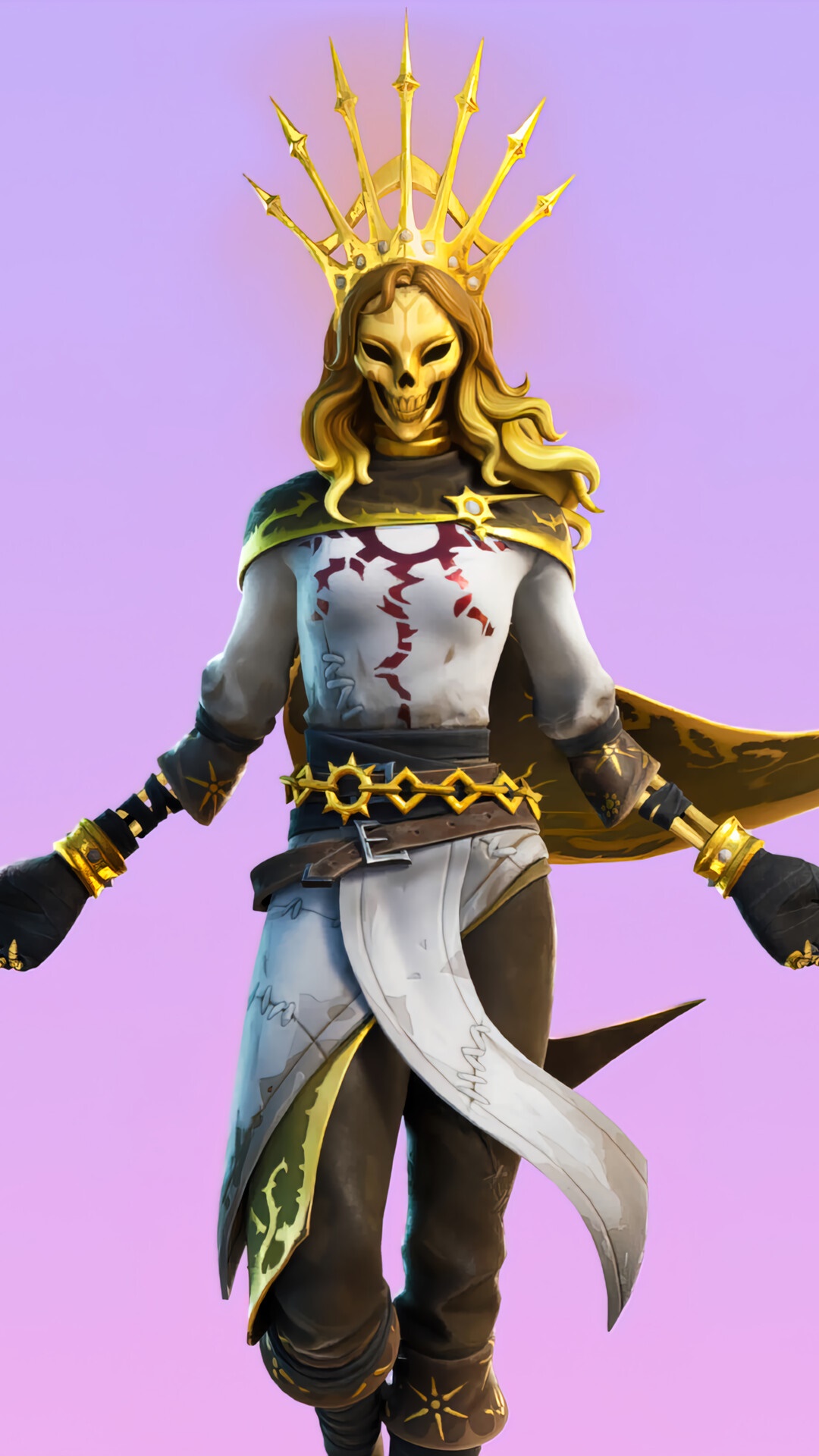 Fortnite character with golden crown and skull mask HD Phone Wallpaper