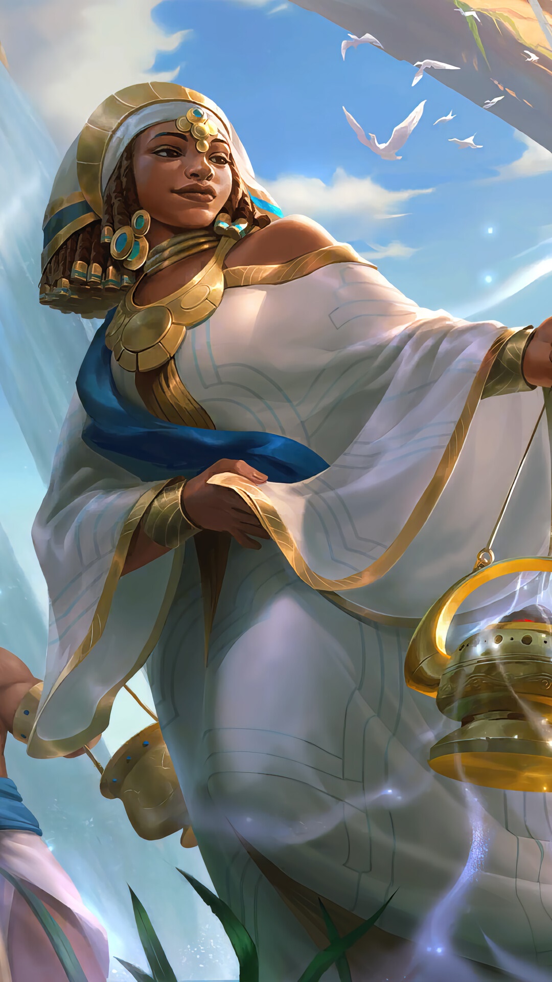 Woman in white and gold attire holding a lantern HD Phone Wallpaper