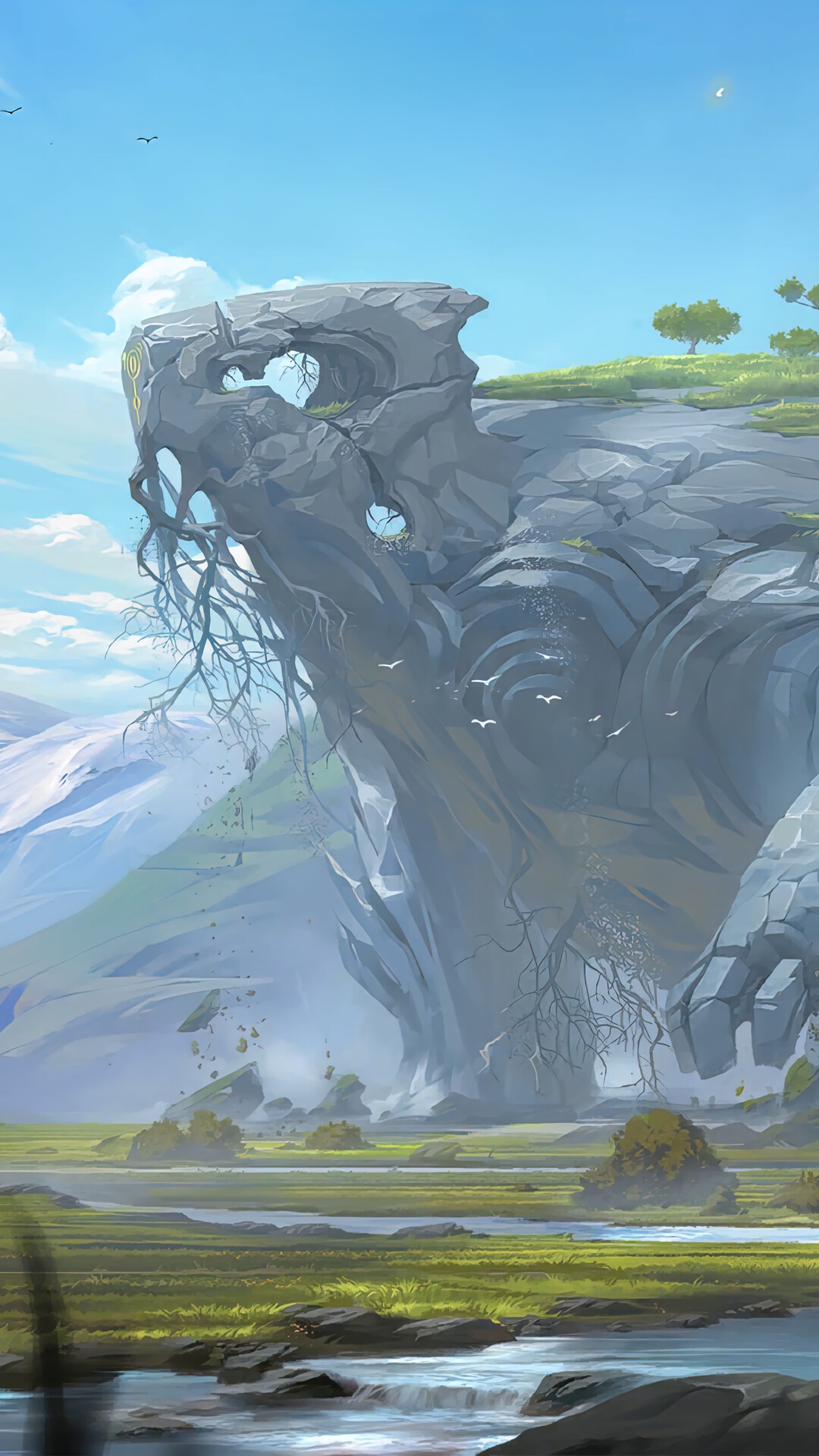 Fantasy landscape with giant stone creature and river HD Phone Wallpaper