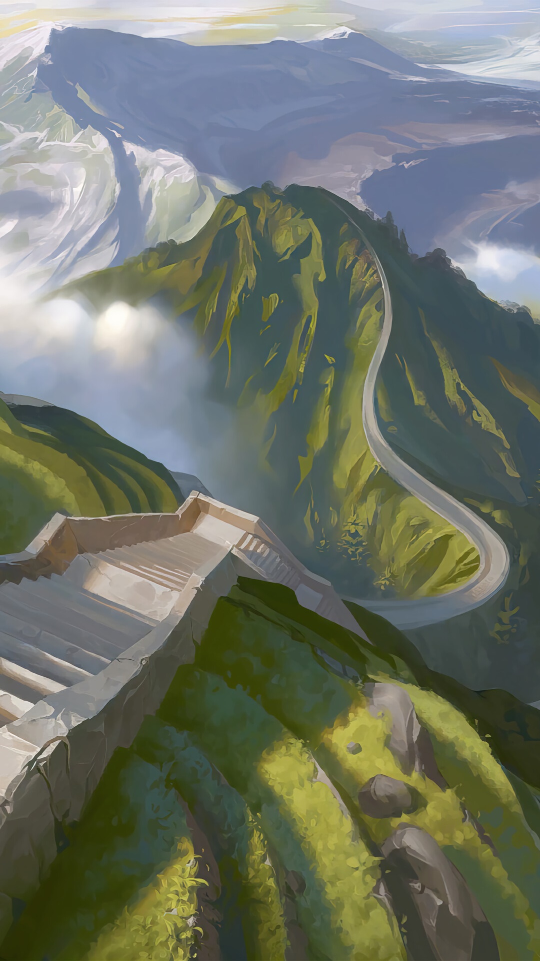 A winding road and stone stairs on a mountain. HD Phone Wallpaper