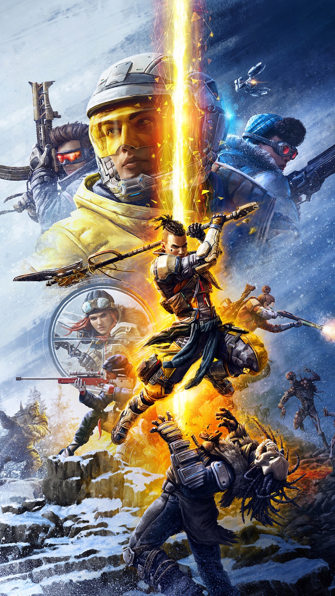 Scavengers video game characters in a snowy battle HD Phone Wallpaper