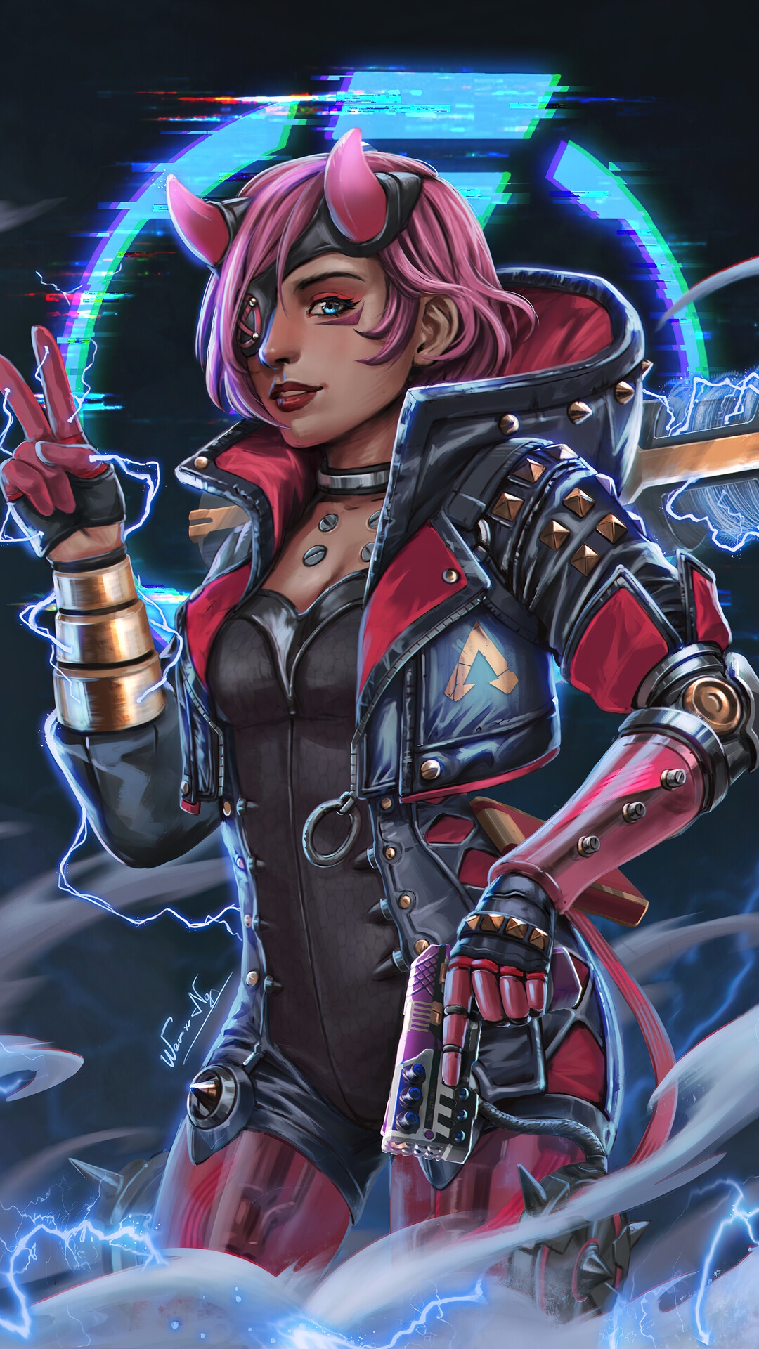 Wattson from Apex Legends with pink hair and devil horns HD Phone Wallpaper