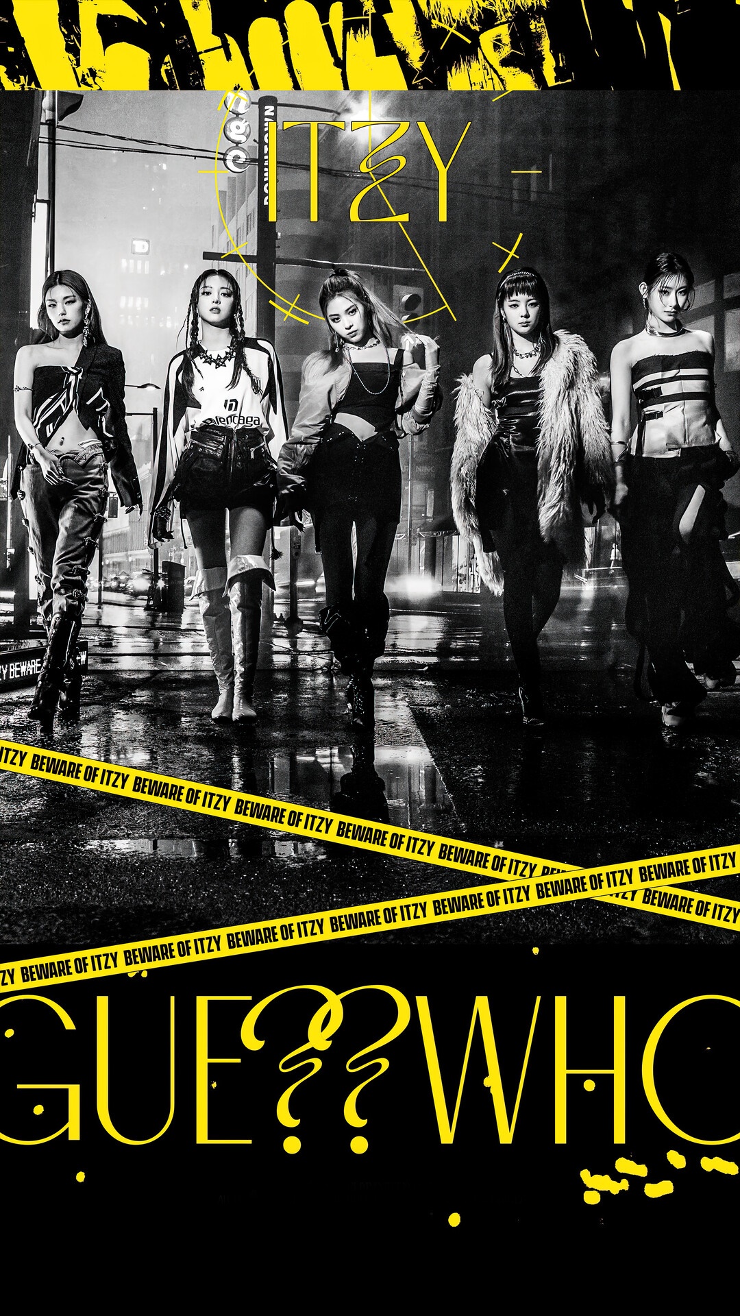ITZY "Guess Who" album cover with five members HD Phone Wallpaper