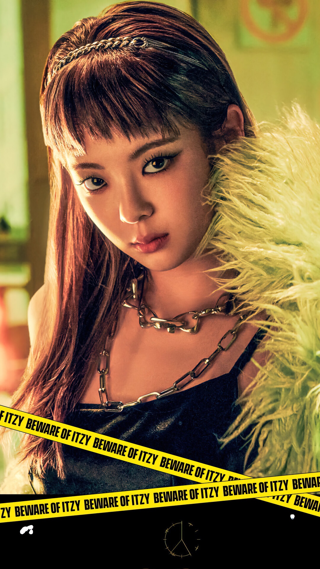 Lia from ITZY with yellow caution tape HD Phone Wallpaper