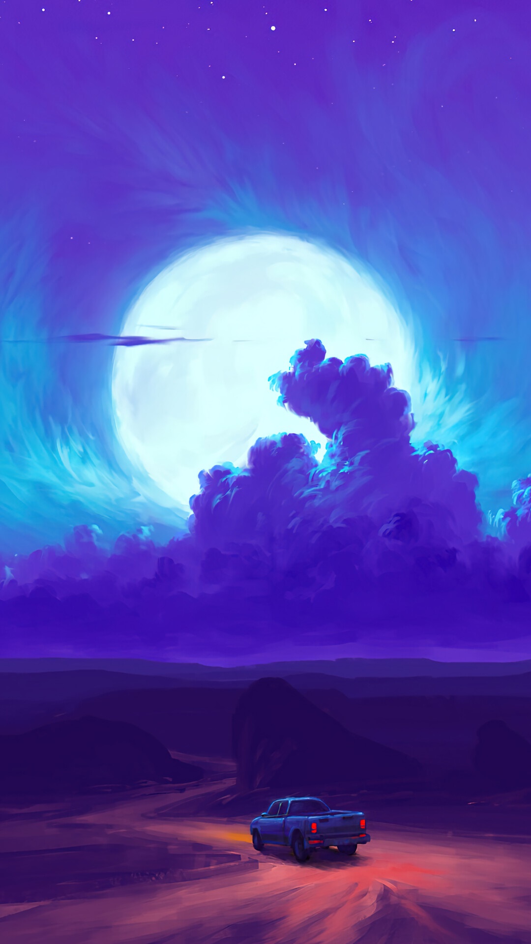 Truck driving under a large moon and clouds HD Phone Wallpaper