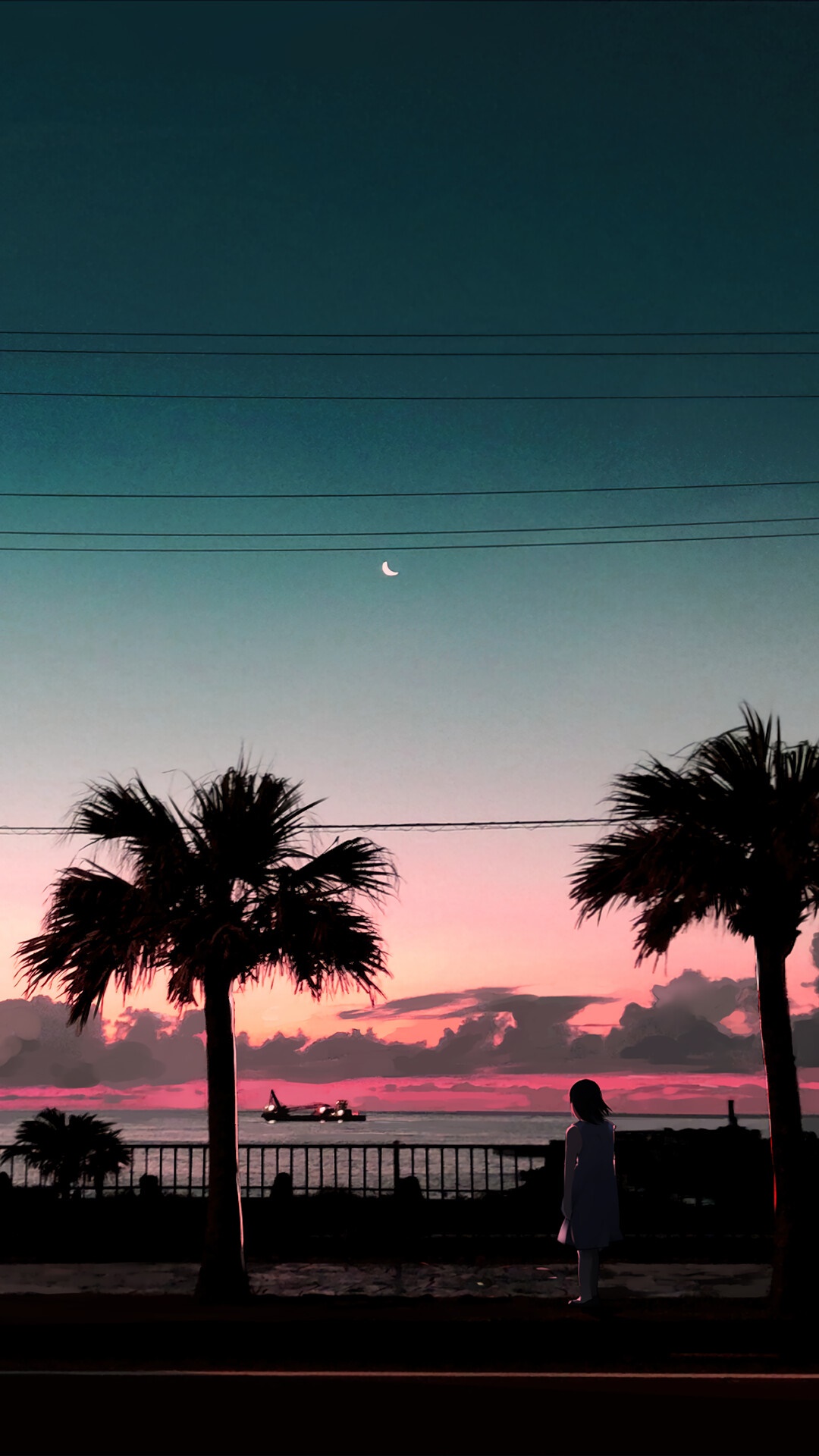 Silhouette of a person and palm trees at sunset HD Phone Wallpaper