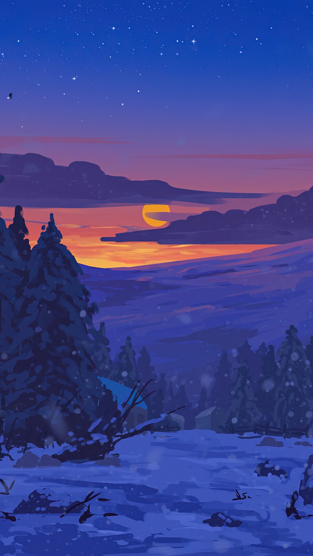 Digital art of a snowy landscape at sunset with stars HD Phone Wallpaper