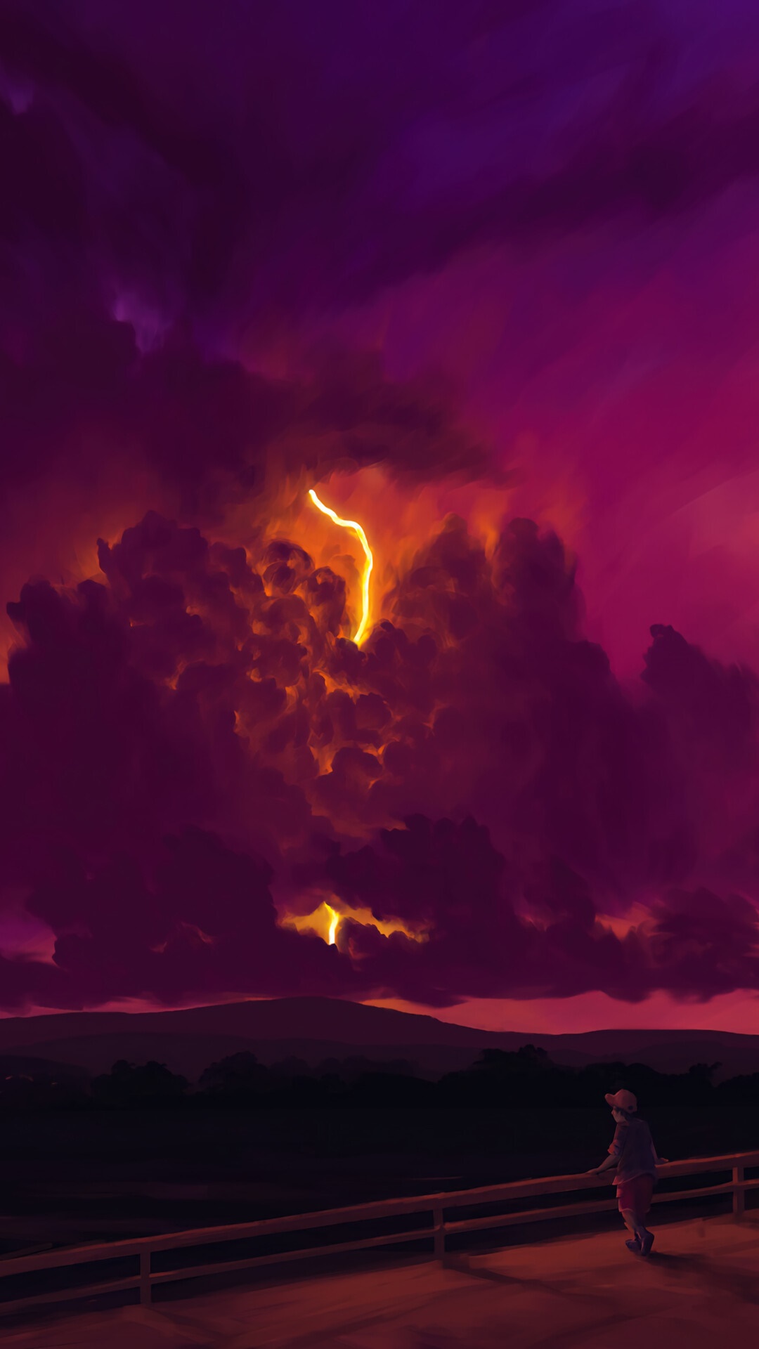 Lightning strikes through dark clouds over a landscape HD Phone Wallpaper