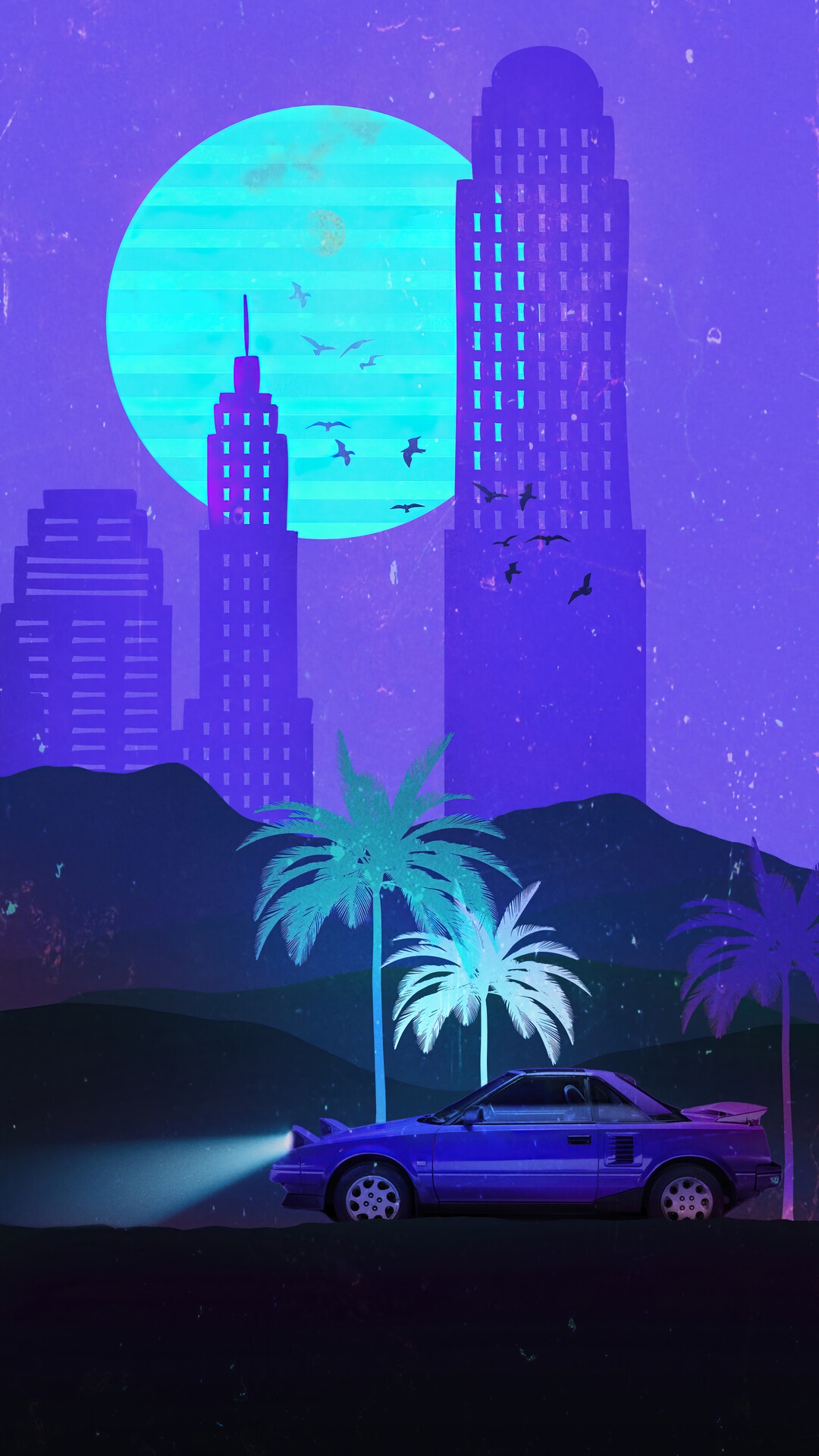 Retro car driving at night in a city with palm trees HD Phone Wallpaper