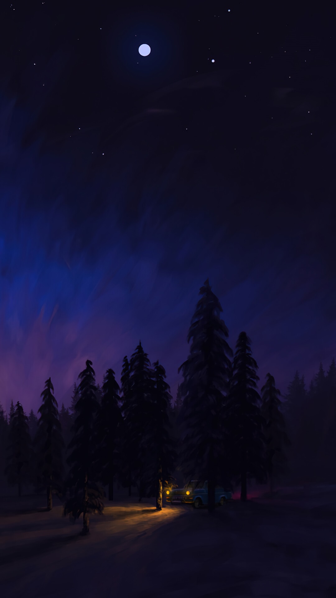 Night sky over a forest with a car HD Phone Wallpaper