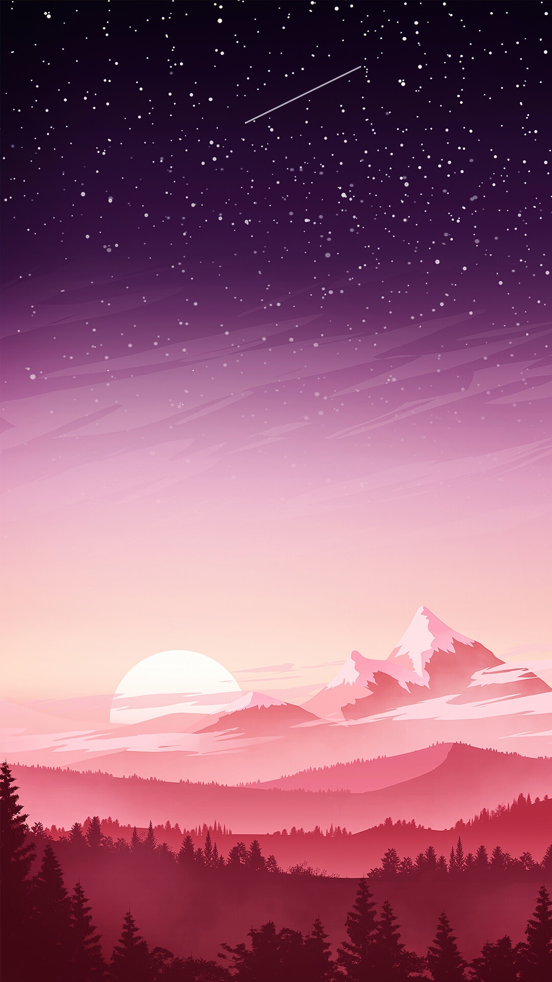 Sunset over mountains and forest with starry sky HD Phone Wallpaper