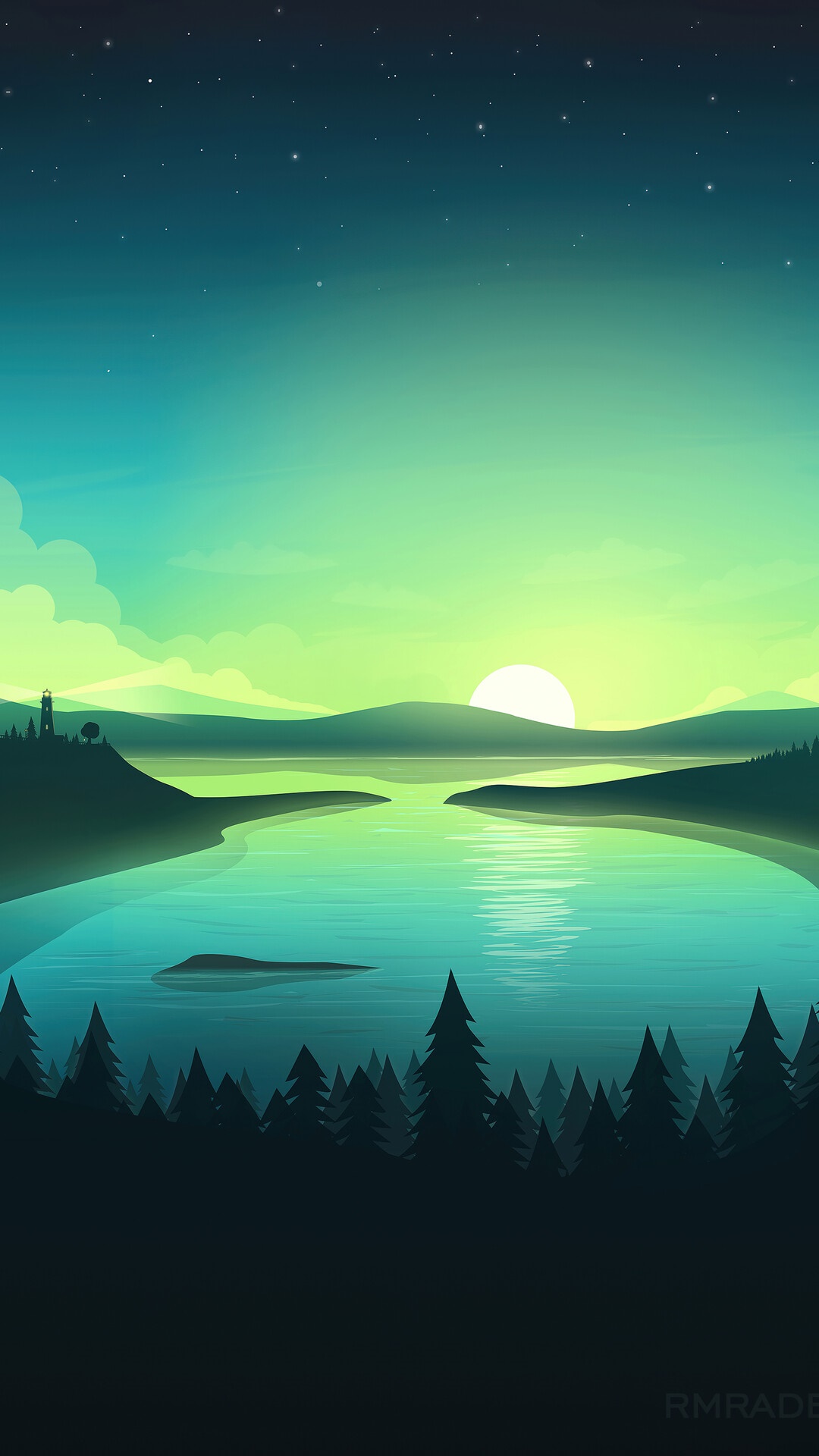Digital art of a sunrise over a lake with a lighthouse HD Phone Wallpaper