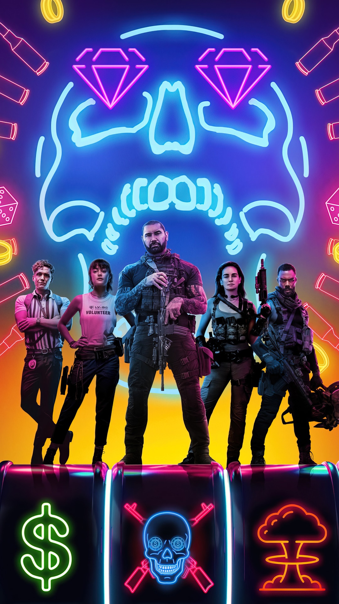 Army of the Dead characters in front of neon skull HD Phone Wallpaper