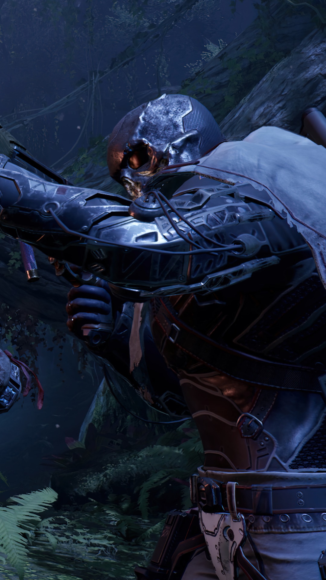 Outriders character with skull mask aiming a weapon HD Phone Wallpaper