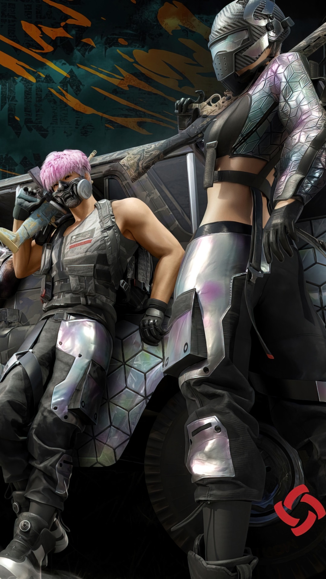 Two characters from PUBG leaning on a vehicle HD Phone Wallpaper
