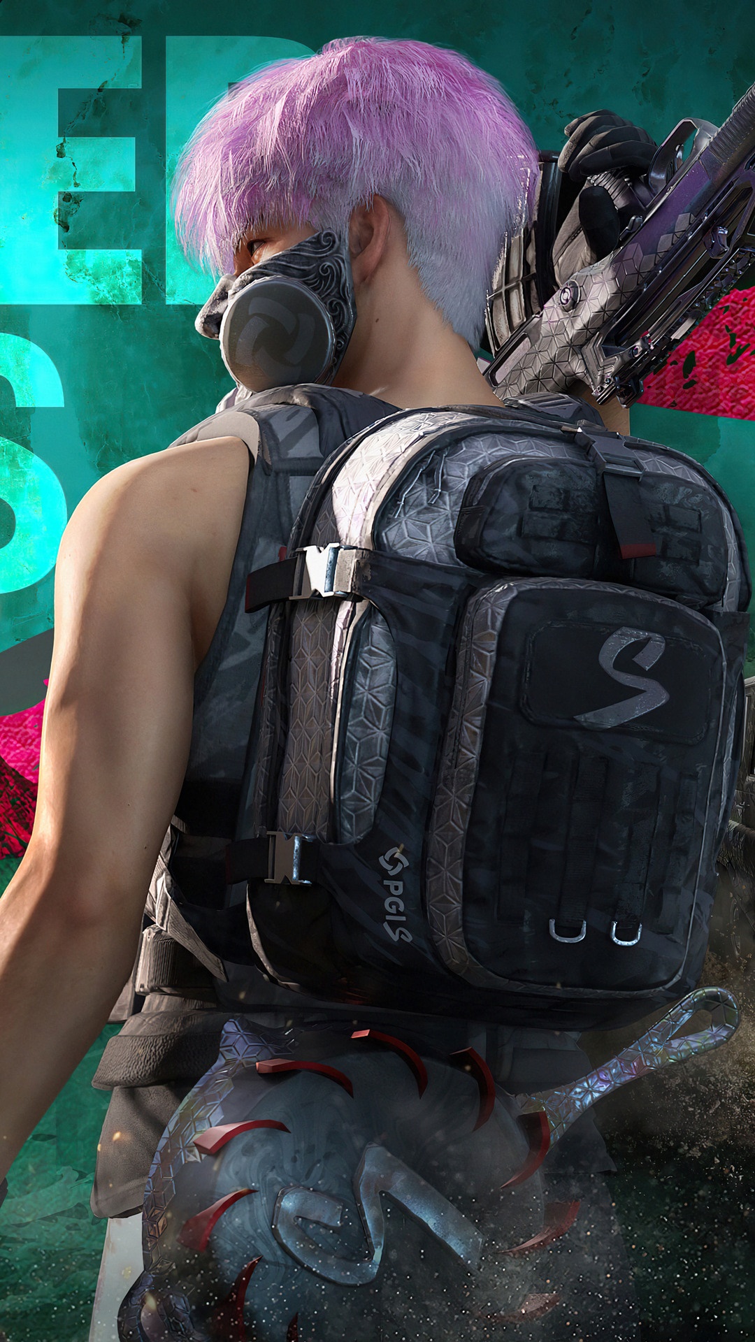 PlayerUnknown's Battlegrounds character with pink hair and gas mask HD Phone Wallpaper