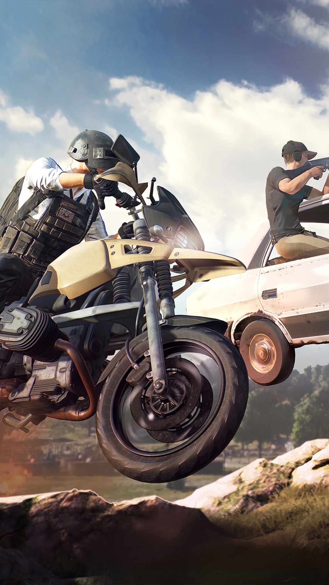 PlayerUnknowns Battlegrounds characters on a motorcycle and in a car HD Phone Wallpaper