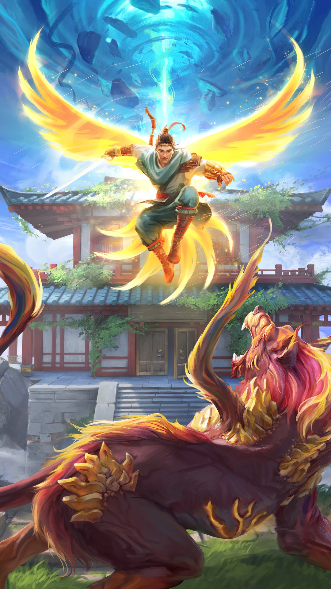Man with wings fighting a beast in front of a temple HD Phone Wallpaper