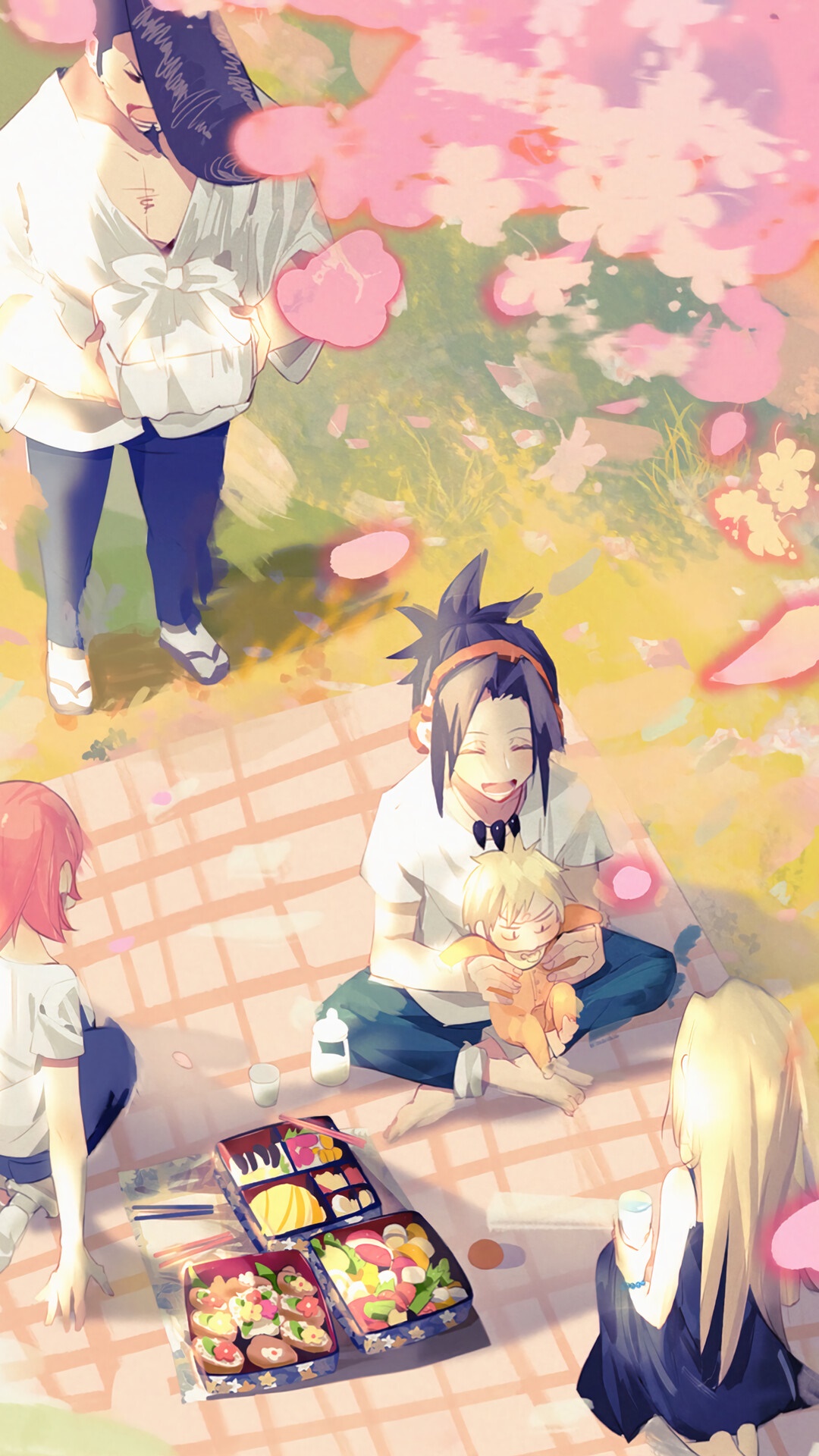 Shaman King characters having a picnic under cherry blossoms HD Phone Wallpaper