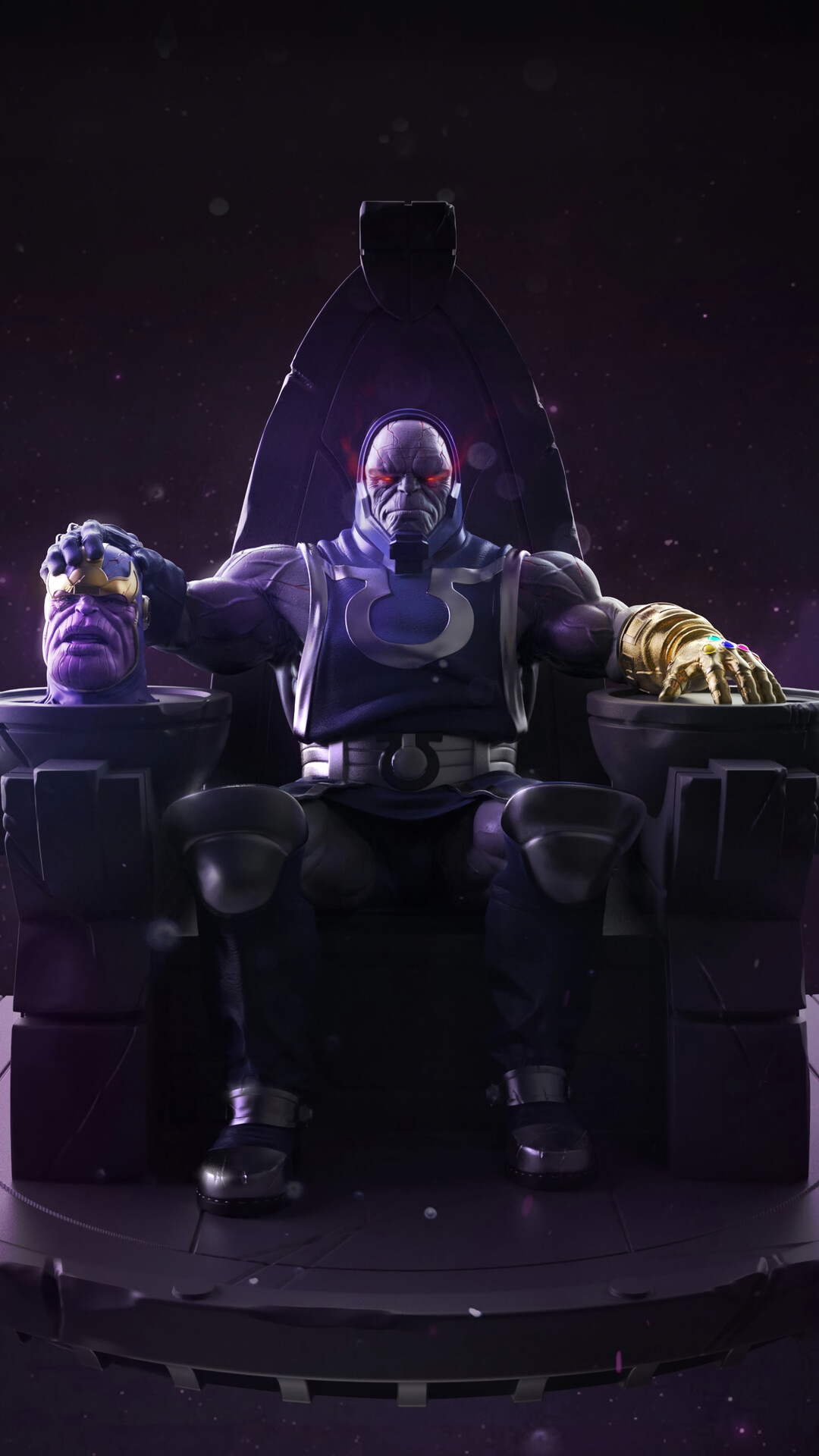 Darkseid sitting on throne holding Thanos' head HD Phone Wallpaper