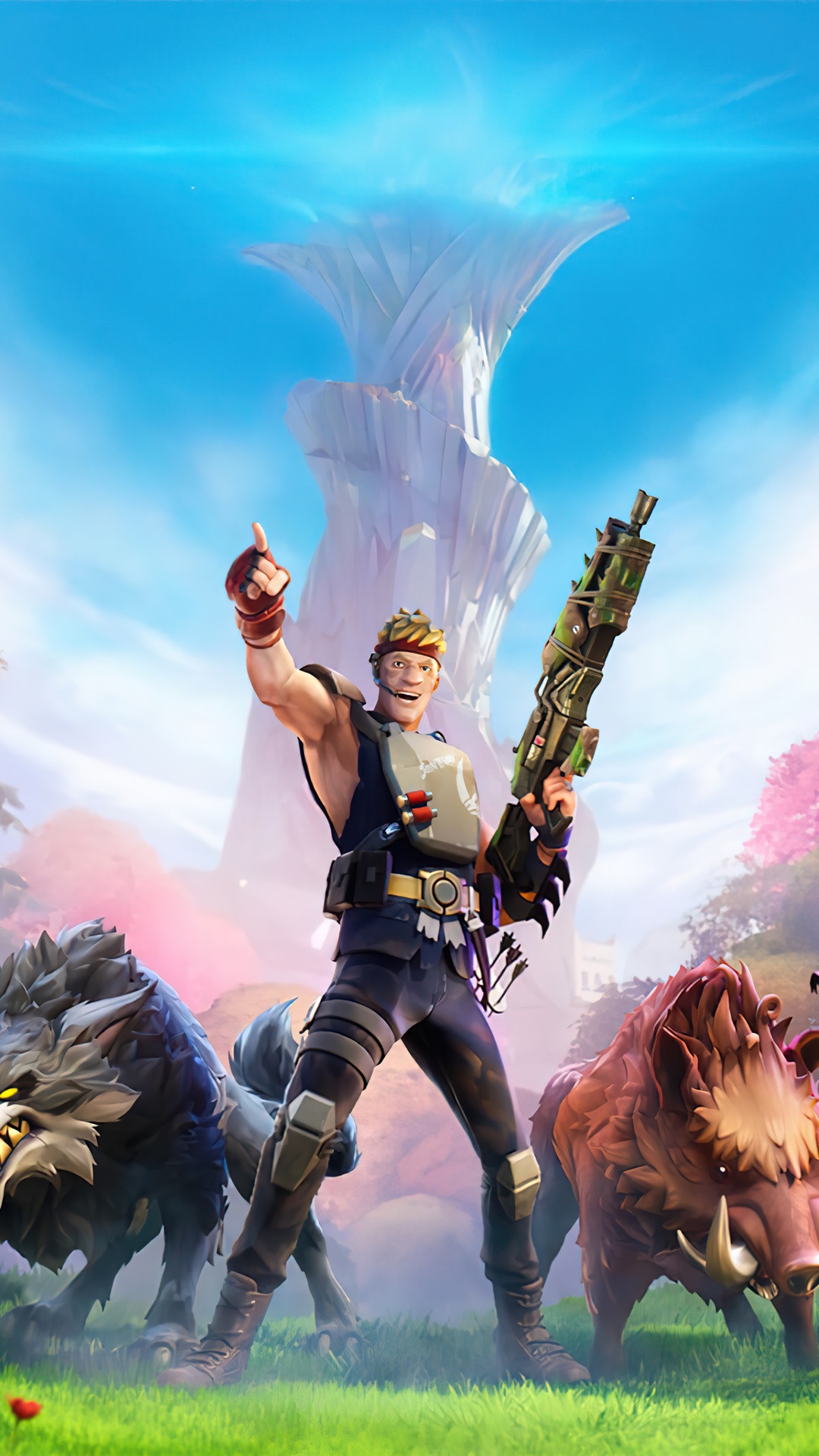 Jonesy from Fortnite with two creatures HD Phone Wallpaper