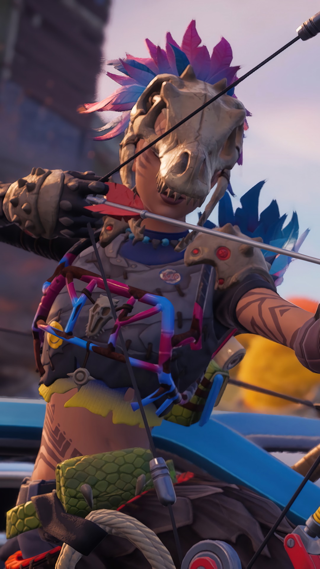Fortnite character with skull mask and bow HD Phone Wallpaper