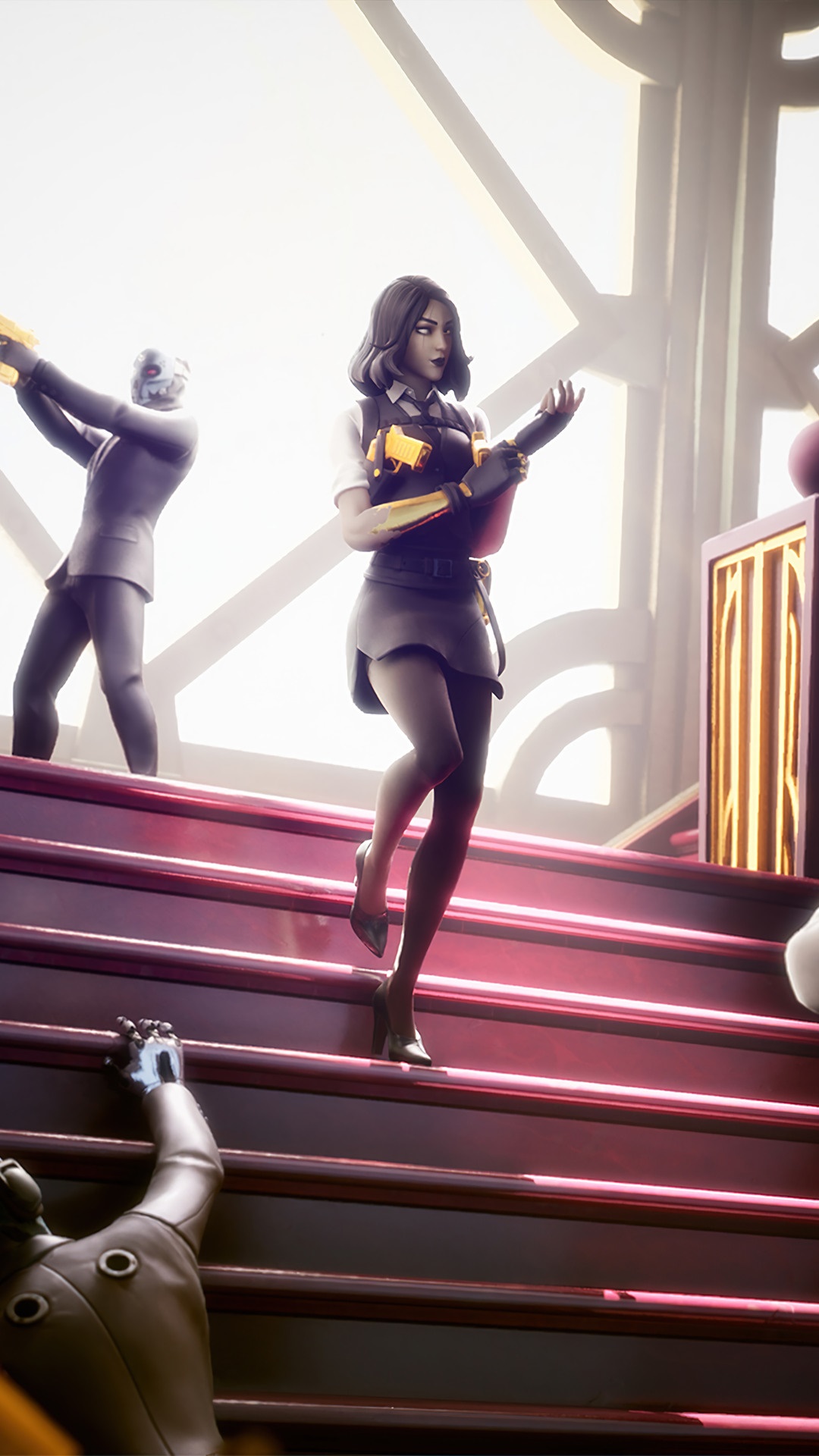 Fortnite characters on a staircase HD Phone Wallpaper