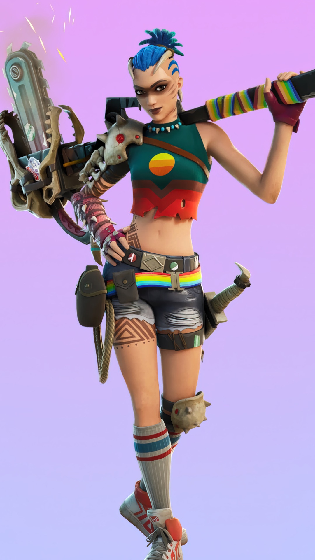 Fortnite character with chainsaw and rainbow accents HD Phone Wallpaper