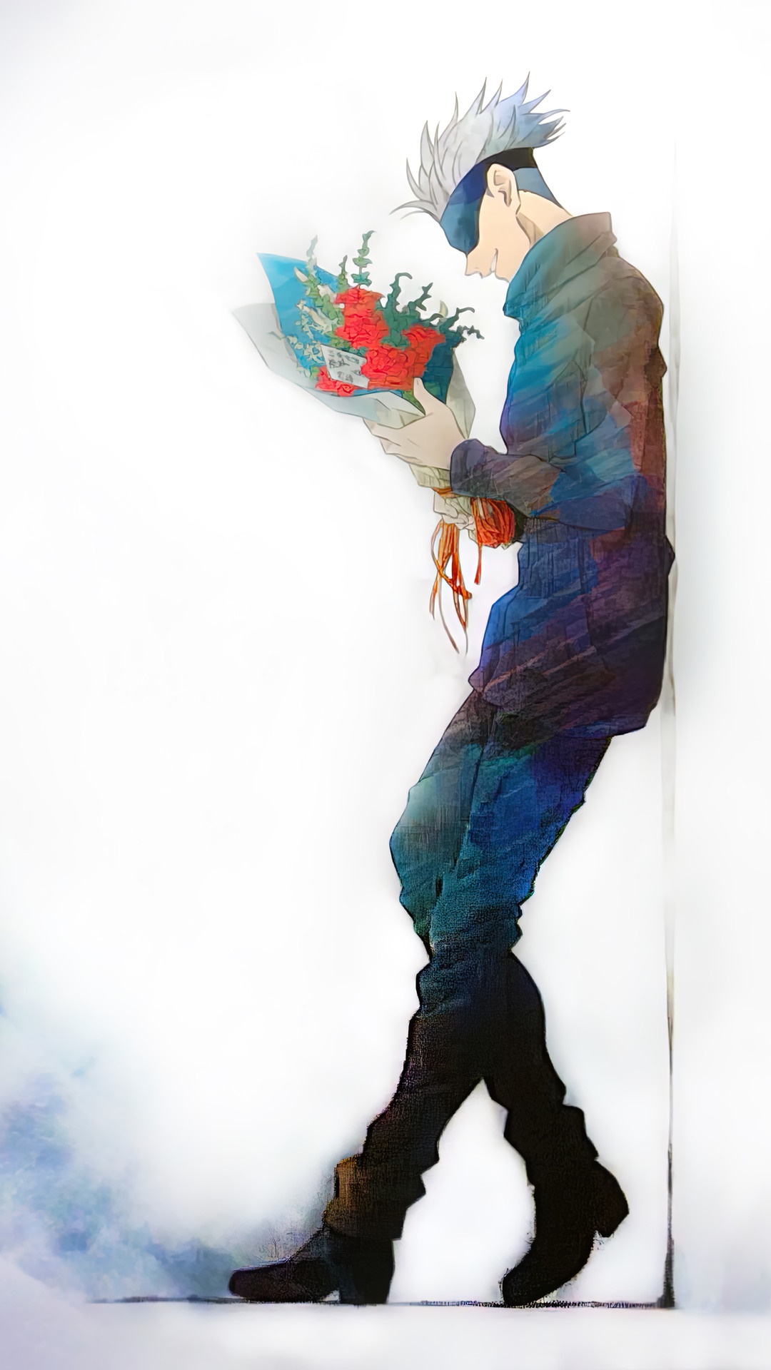 Satoru Gojo from Jujutsu Kaisen holding flowers HD Phone Wallpaper