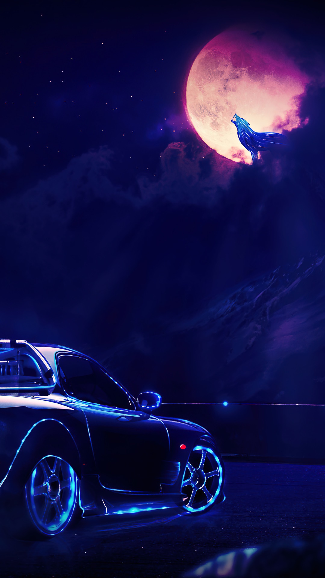 Sci-Fi Car and Wolf Howling at the Moon HD Phone Wallpaper