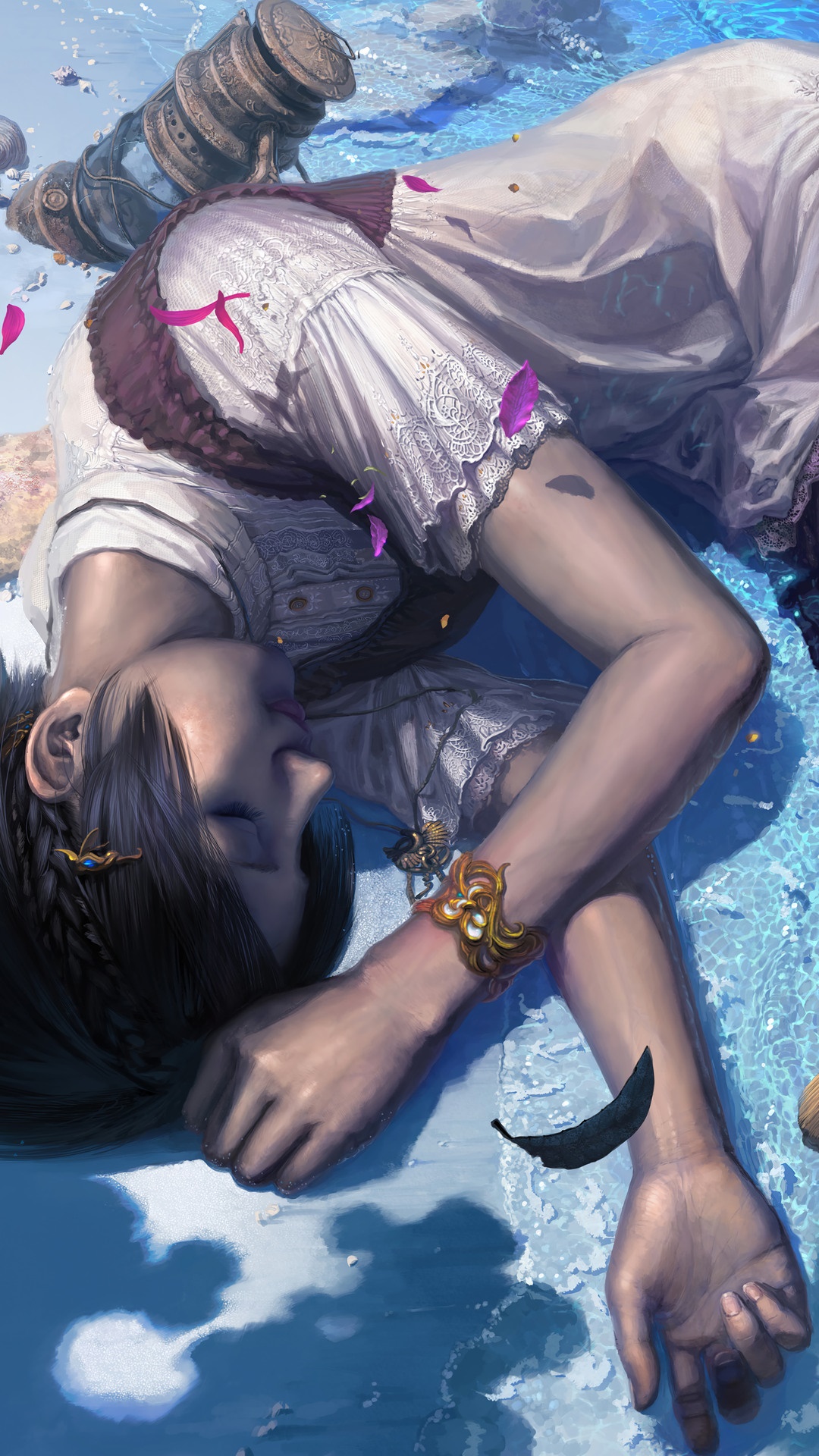 Anime girl lying in water with petals HD Phone Wallpaper