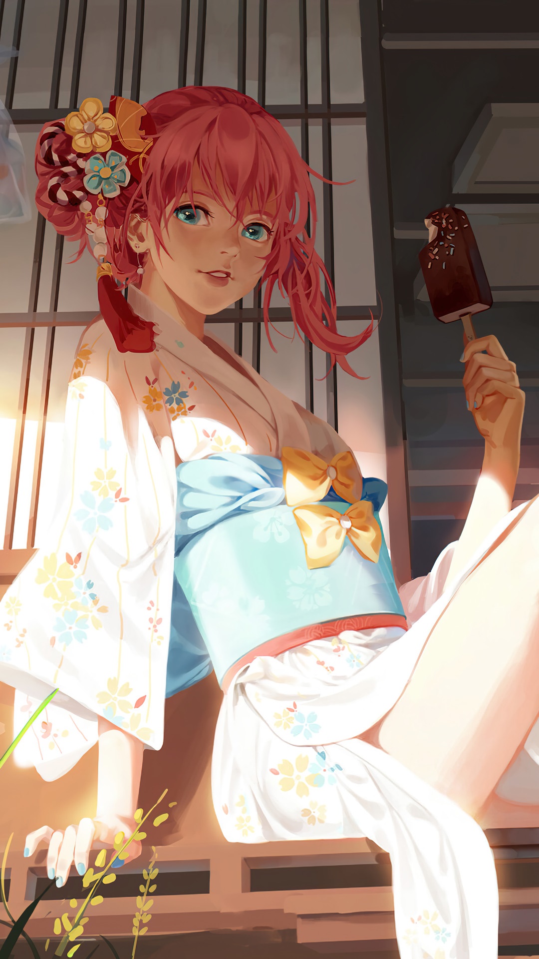 Anime girl with pink hair in a kimono eating ice cream HD Phone Wallpaper
