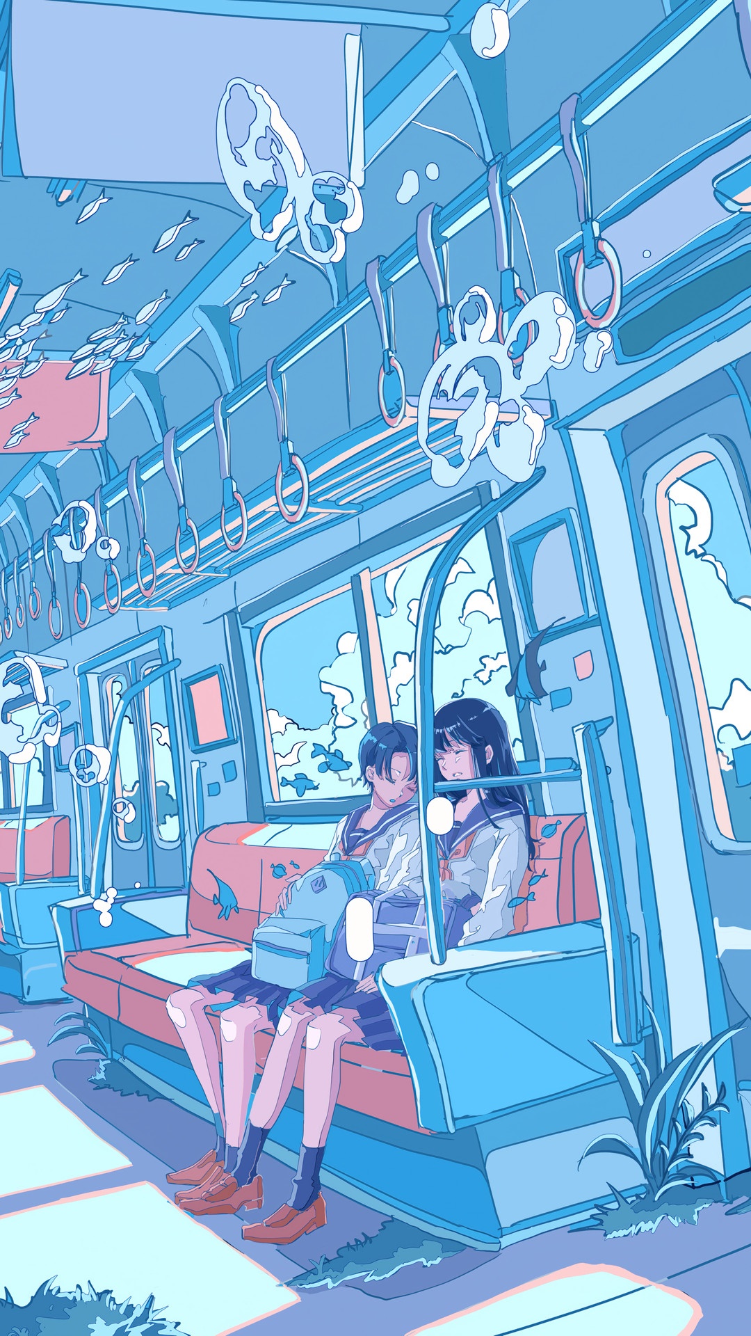Two anime girls in school uniforms on a train HD Phone Wallpaper