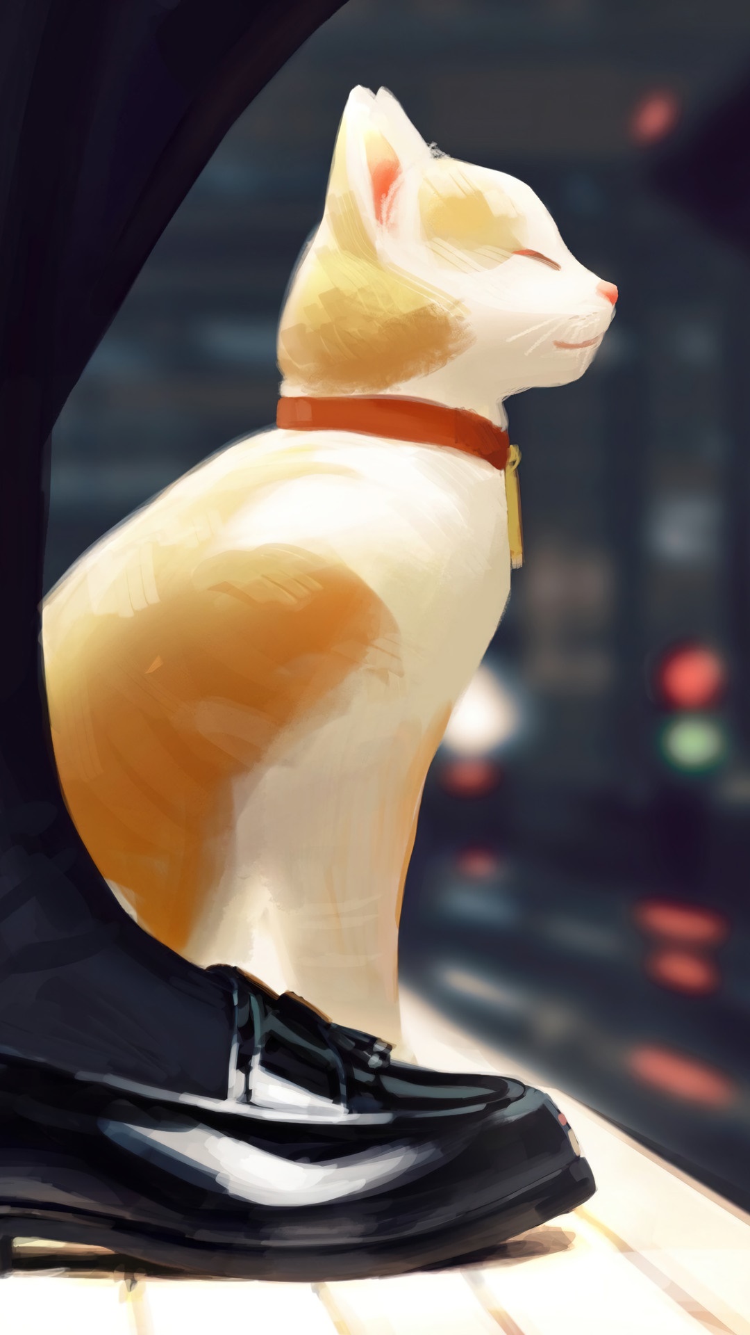 Anime cat with orange markings sitting next to a person's shoe HD Phone Wallpaper