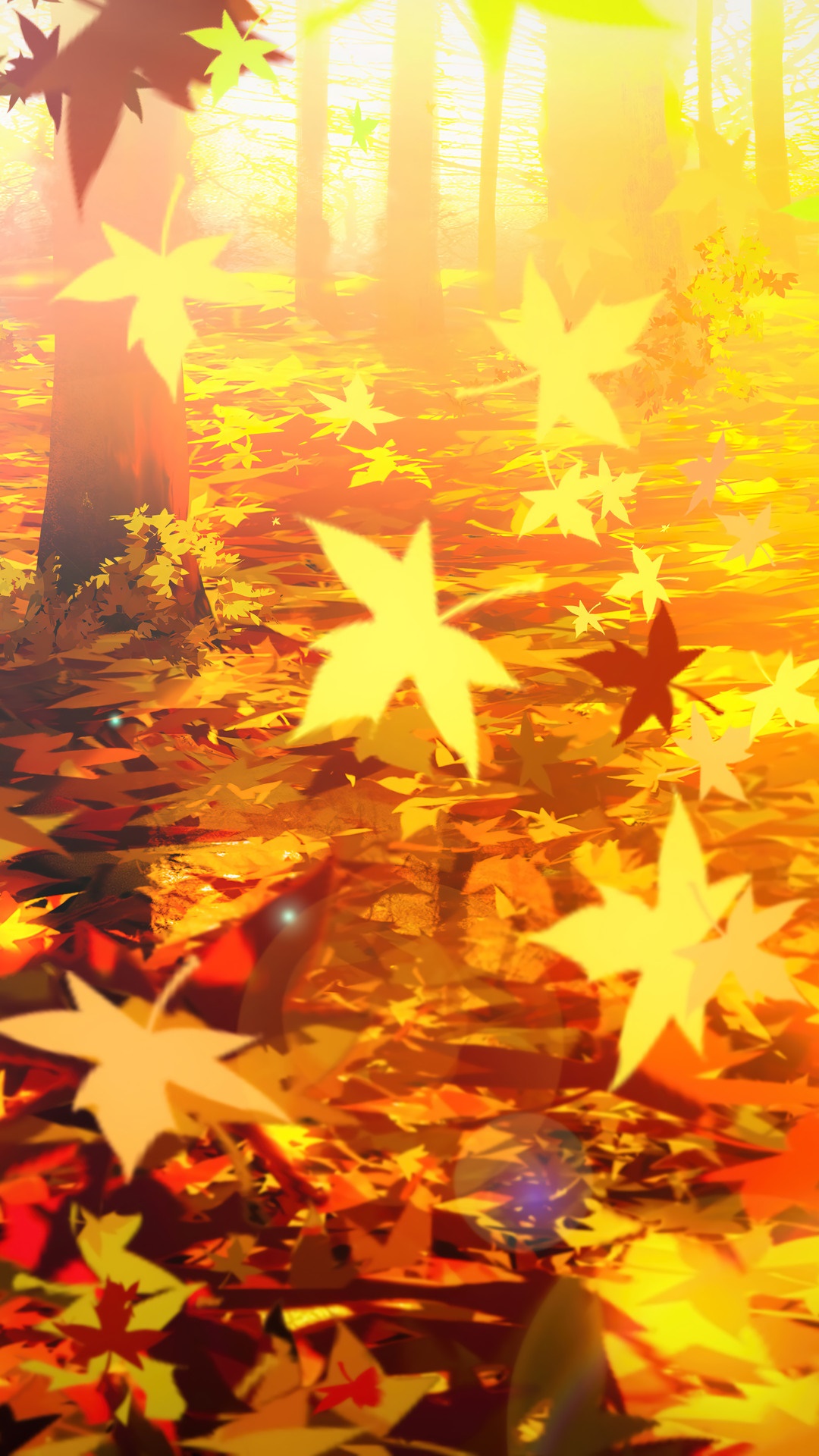 Anime forest with falling autumn leaves HD Phone Wallpaper