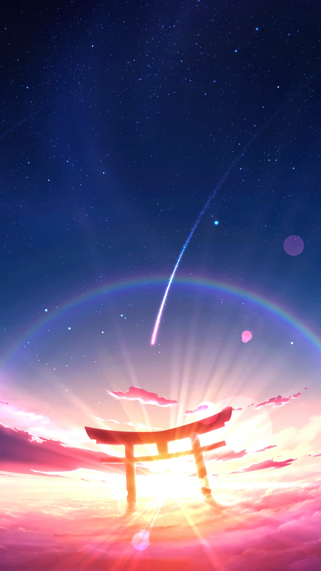Anime Torii Gate with Rainbow and Shooting Star HD Phone Wallpaper