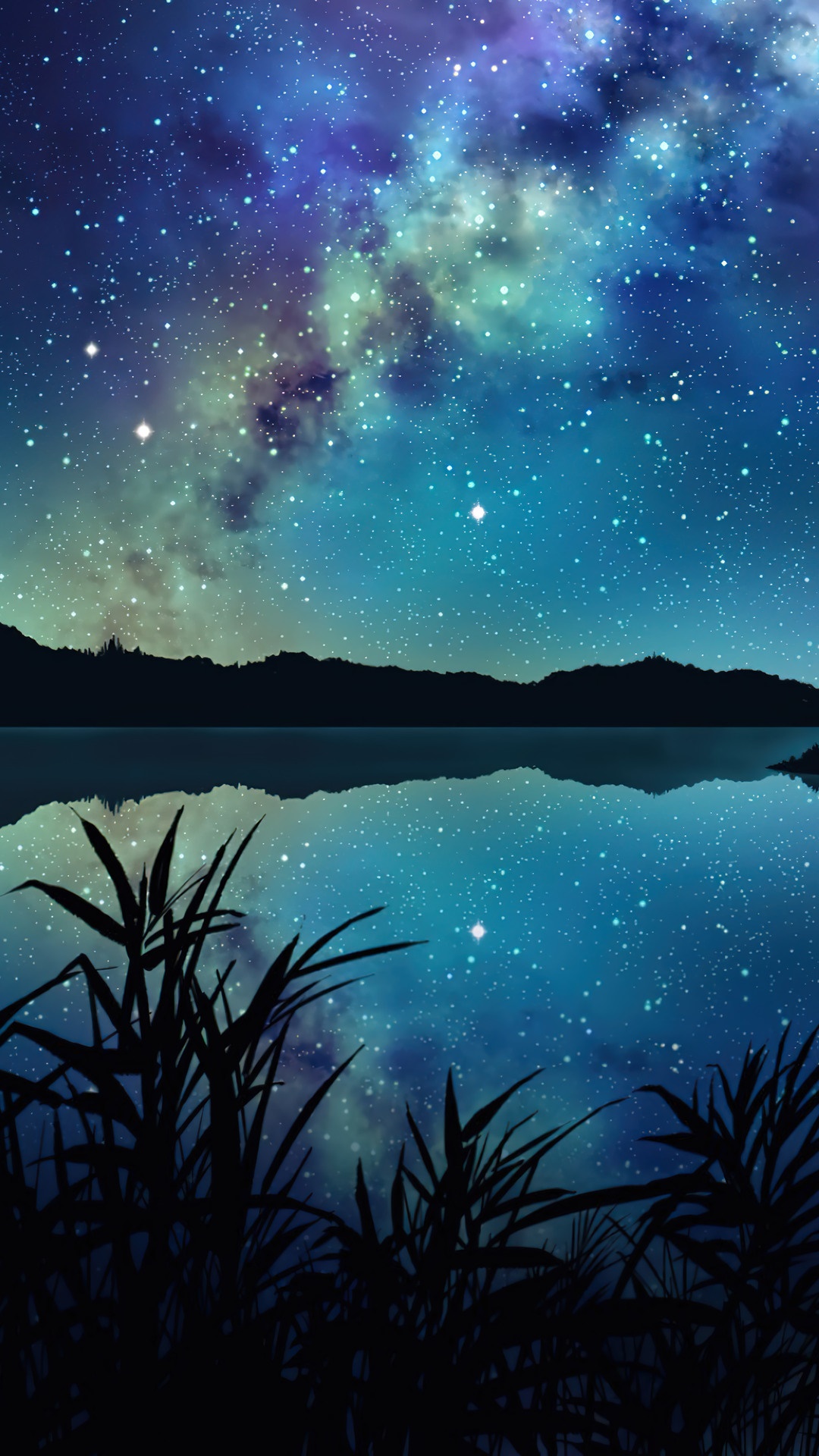 Starry Night Sky Over a Lake with Silhouetted Landscape HD Phone Wallpaper