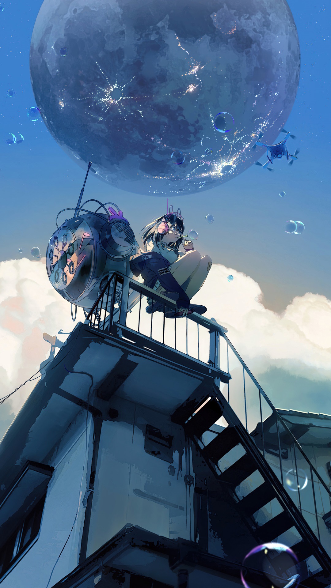 Anime Girl on Rooftop with Giant Moon HD Phone Wallpaper