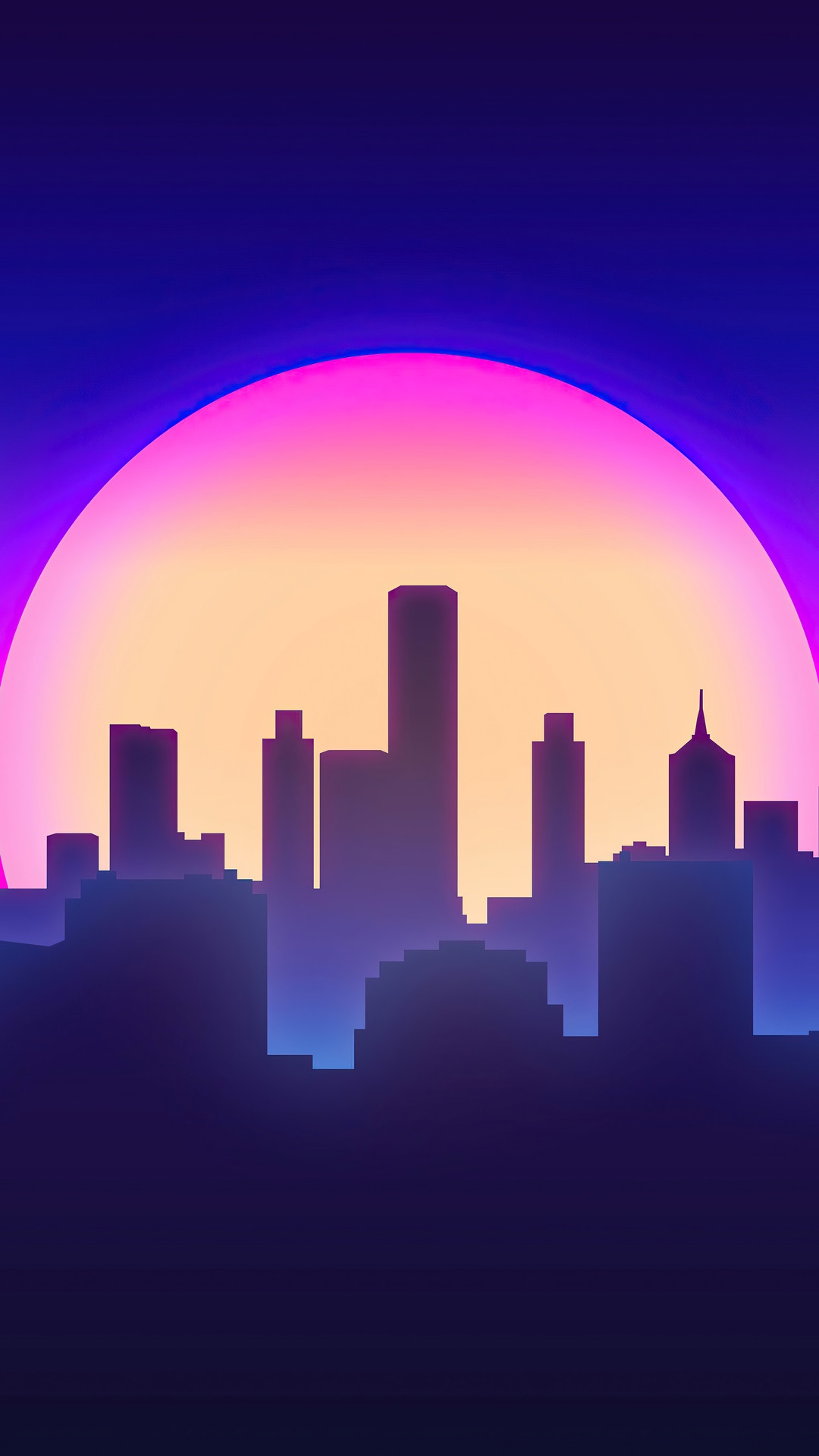 Synthwave Cityscape with Large Sunset HD Phone Wallpaper