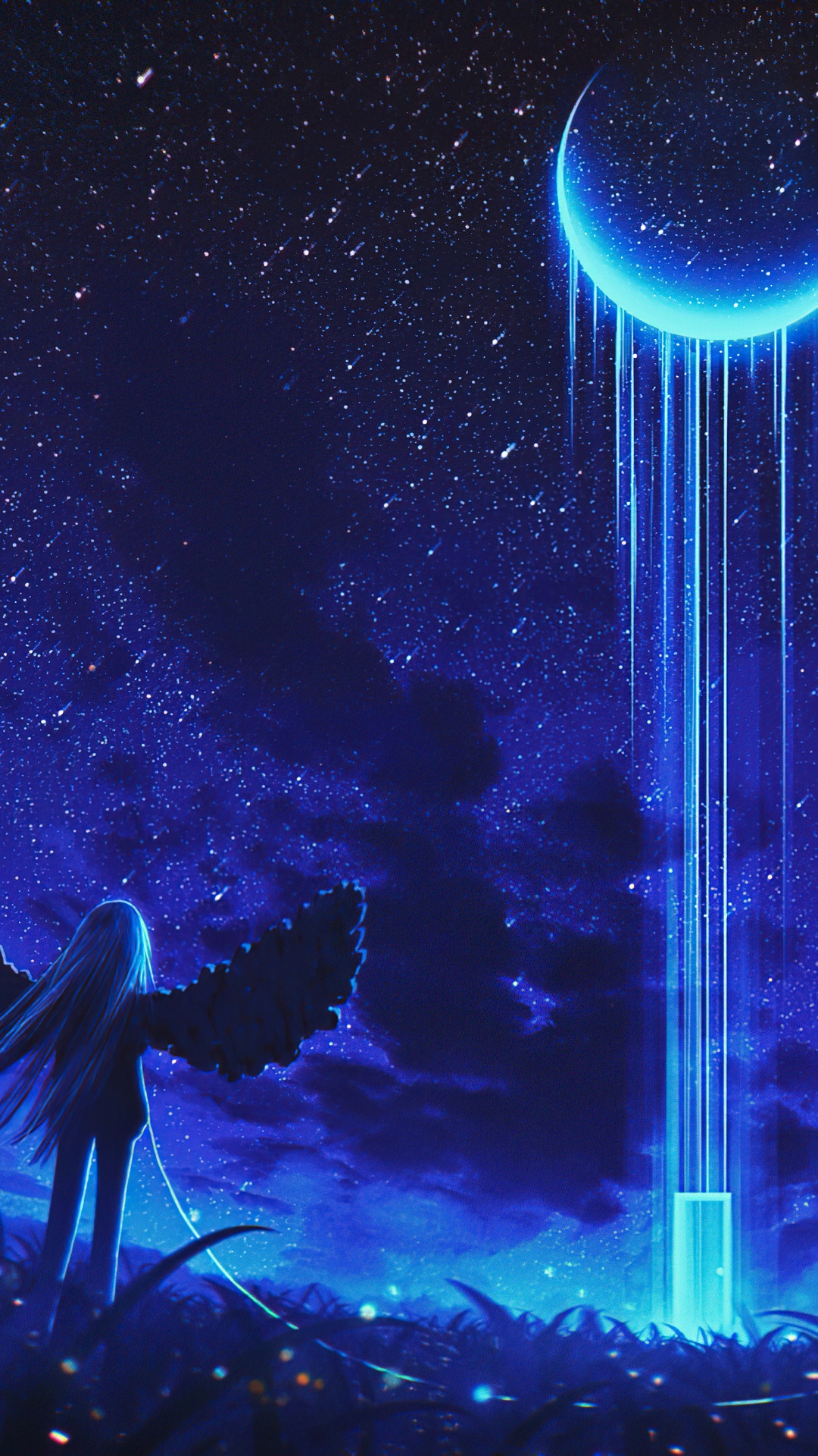 Anime girl under a glowing crescent moon in a starry night sky HD Phone Wallpaper