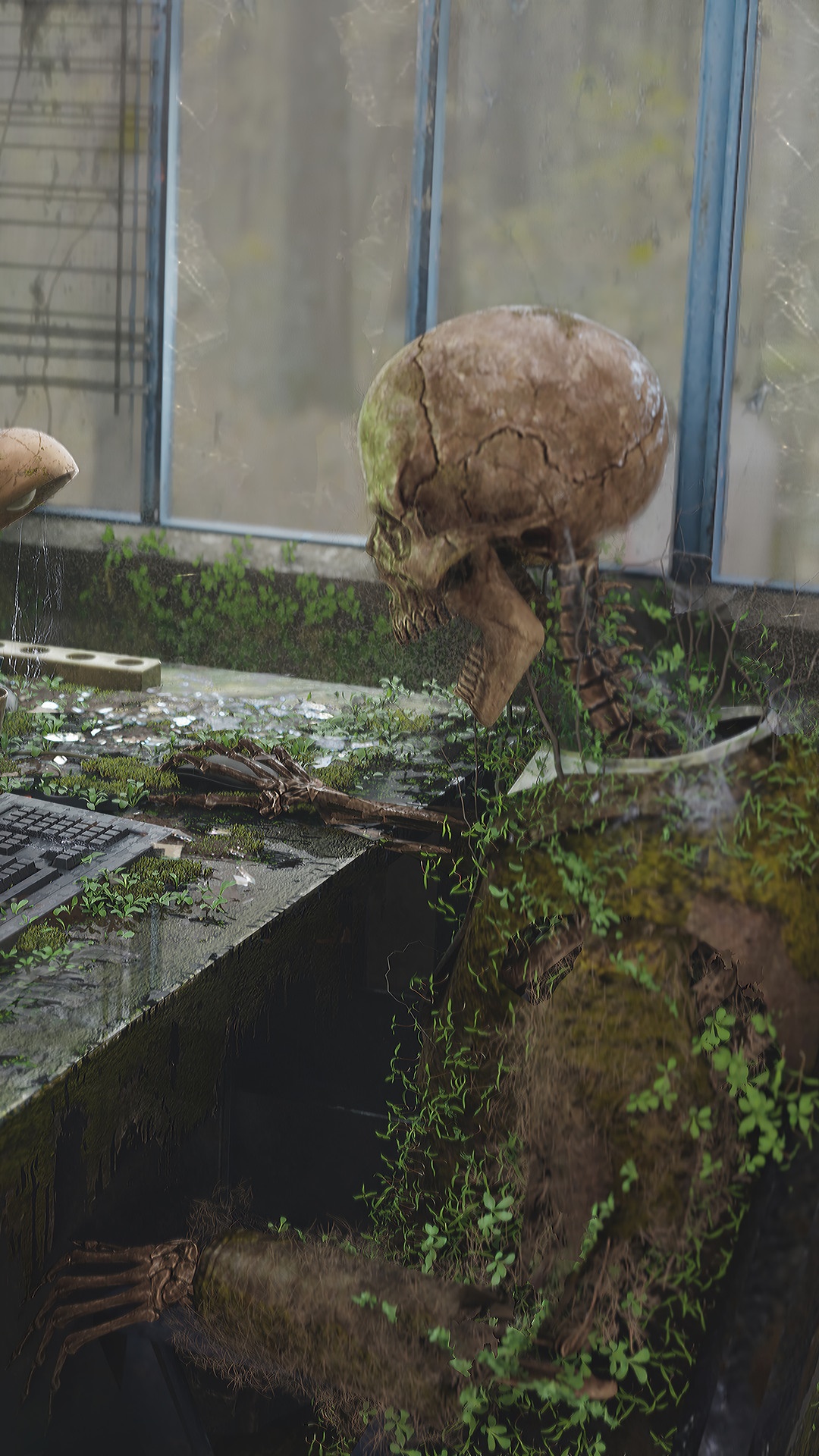 Skeleton sitting at a computer overgrown with plants HD Phone Wallpaper